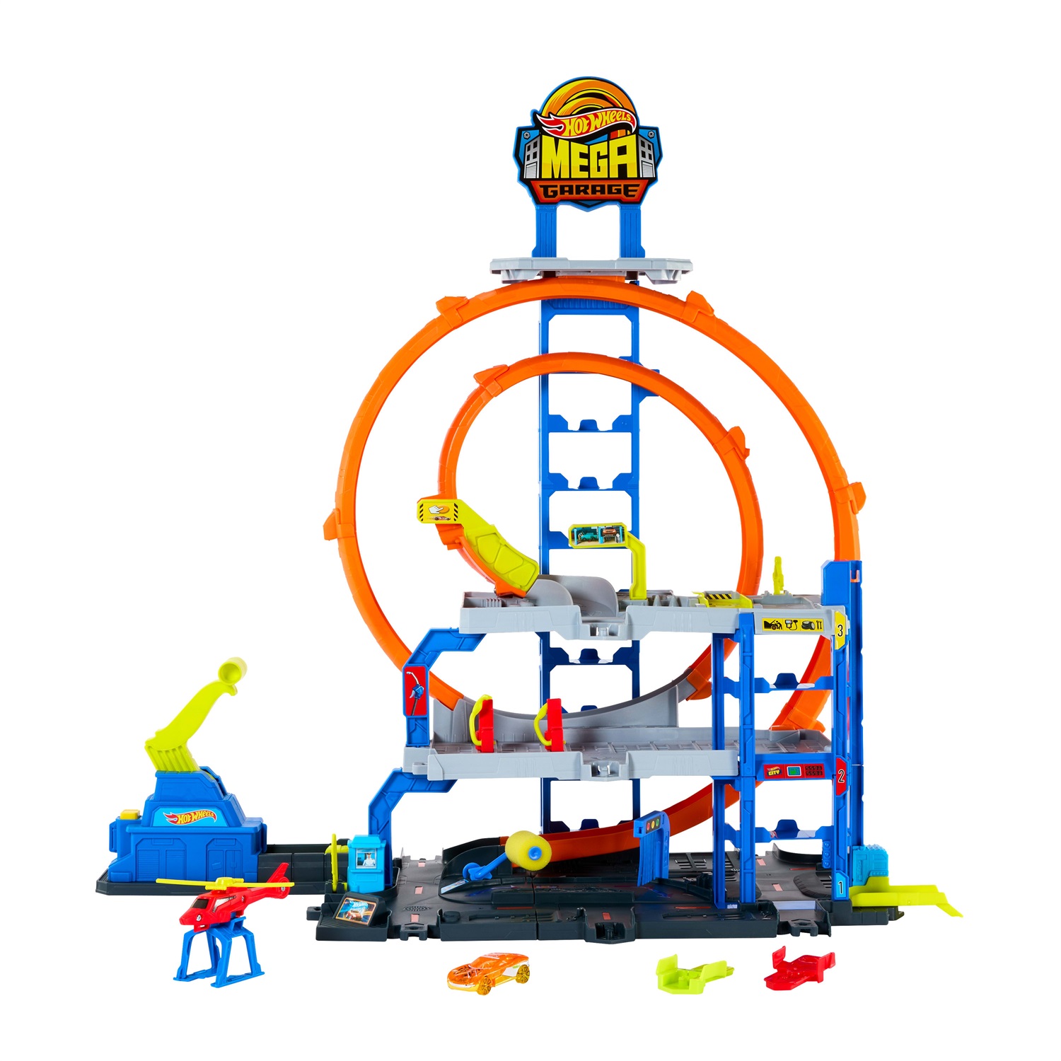 MATTEL Hot Wheels City Mega Loop Garage JBM74 - Playset Multilivello con 3 Livelli, 2 Loop, Auto e Elicottero