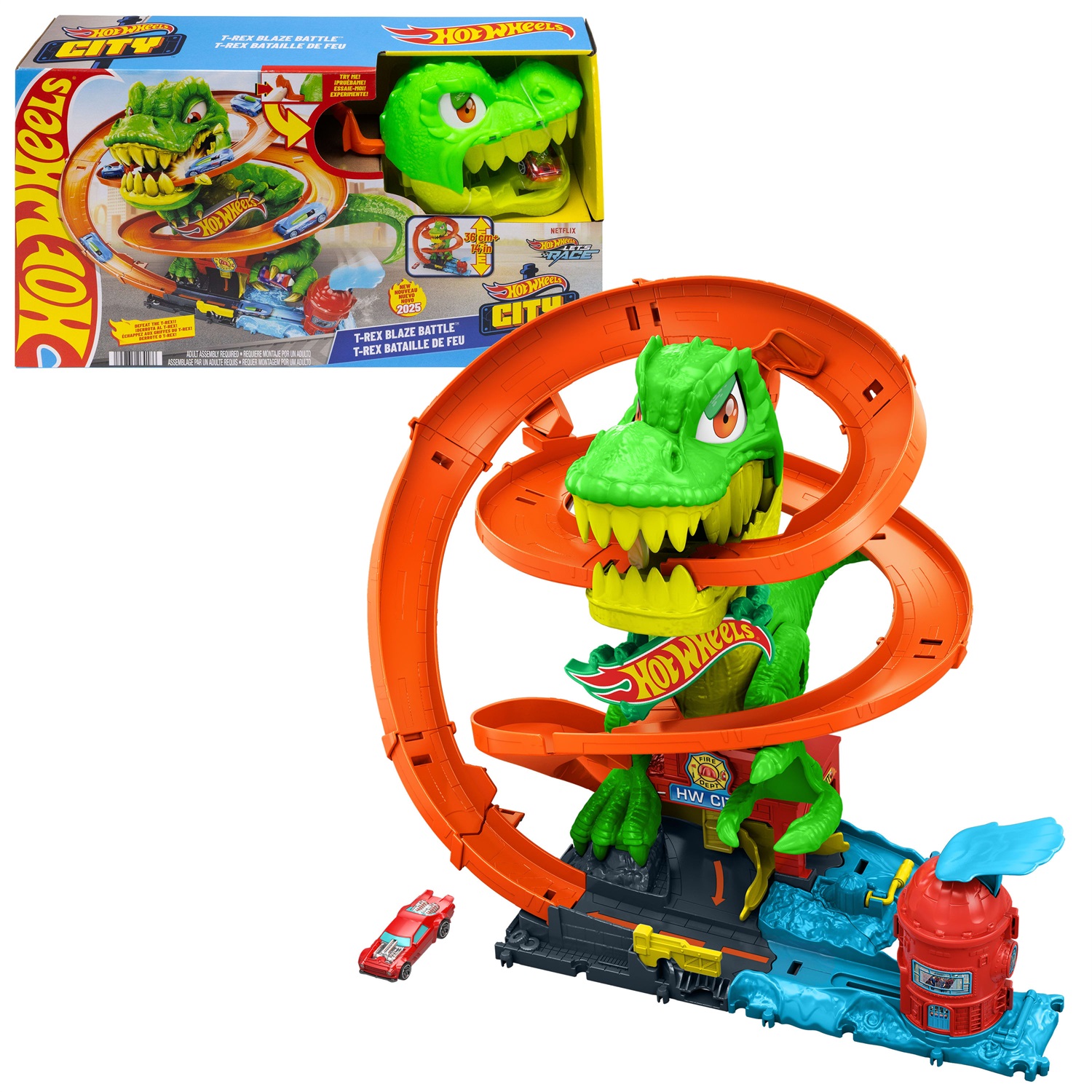 Hot Wheels JBM73 T-Rex Battaglia Infuocata - Playset con Camion dei Pompieri e Dinosauro con Occhi Rotanti, Giocattolo per Bambini 4 Anni