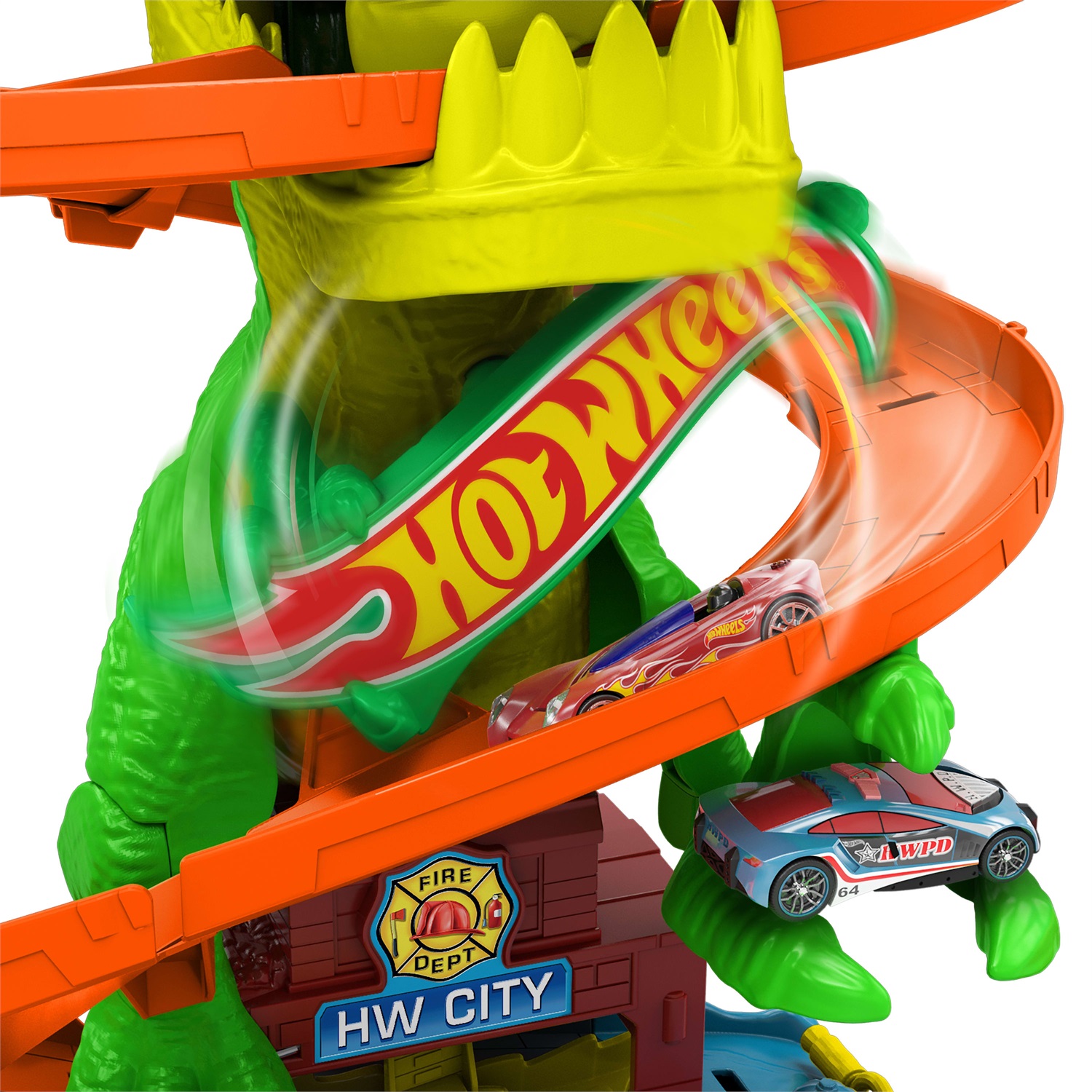 Hot Wheels JBM73 T-Rex Battaglia Infuocata - Playset con Camion dei Pompieri e Dinosauro con Occhi Rotanti, Giocattolo per Bambini 4 Anni
