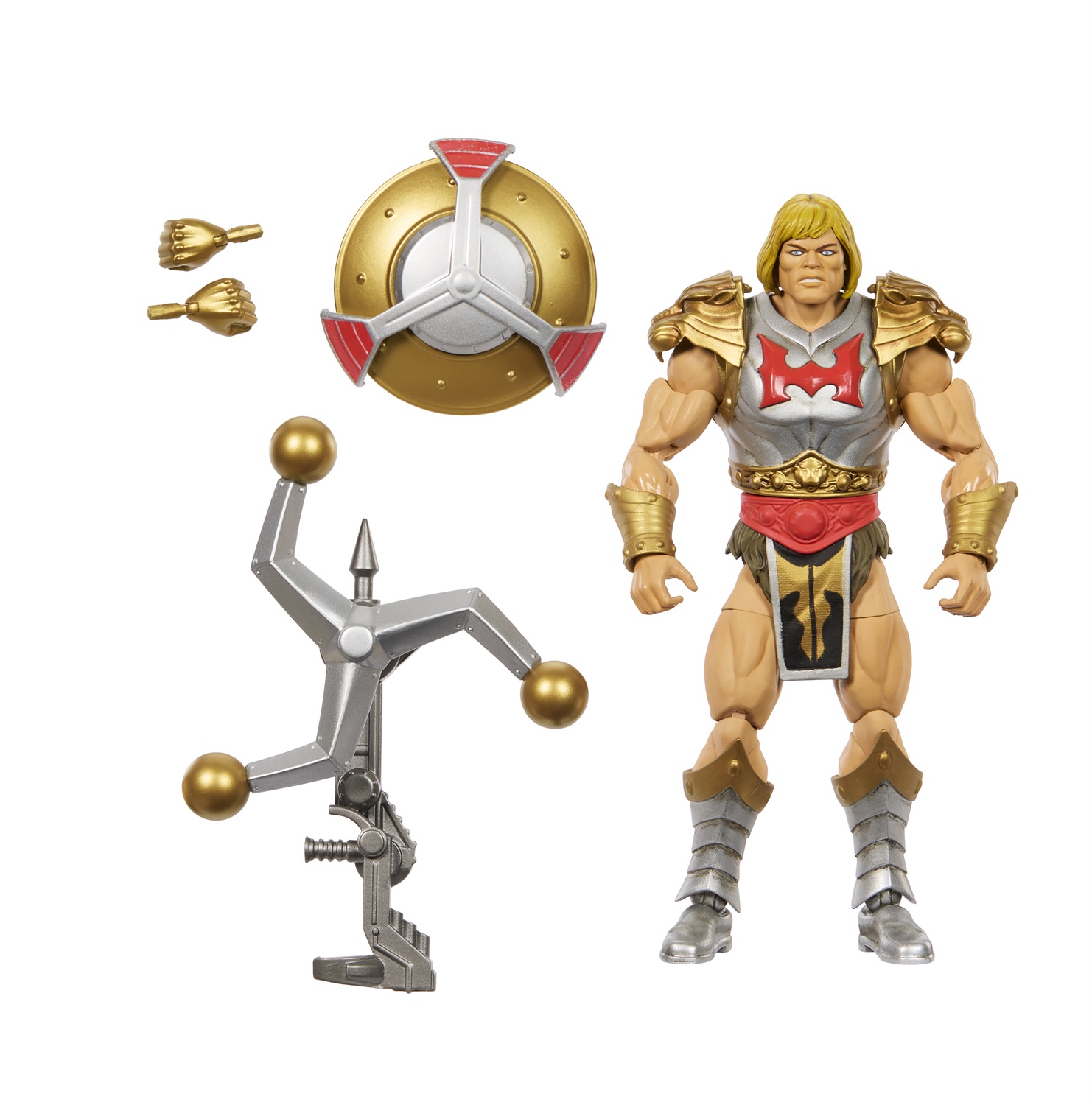Mattel Masters of the Universe Masterverse - Flying Fists He-Man, action figure con arma rotante, scudo e 30 punti d'articolazione, per bambini 6 anni