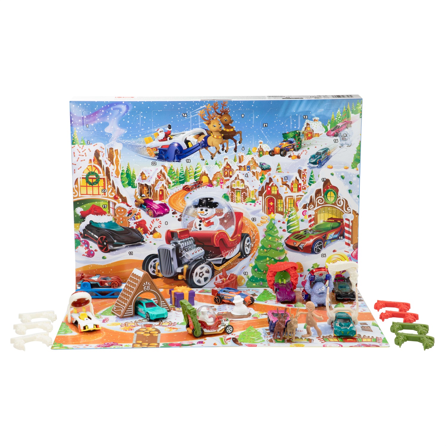 Hot Wheels JCB47 Calendario dell'Avvento 2025 con 10 macchinine, 10 clip e 14 accessori, giocattolo per bambini 3 anni