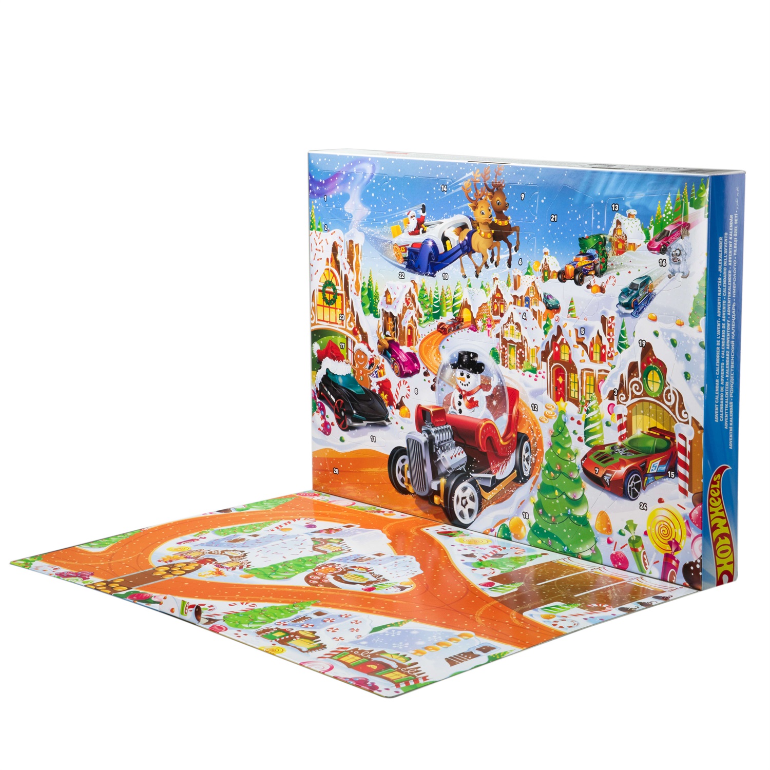 Hot Wheels JCB47 Calendario dell'Avvento 2025 con 10 macchinine, 10 clip e 14 accessori, giocattolo per bambini 3 anni