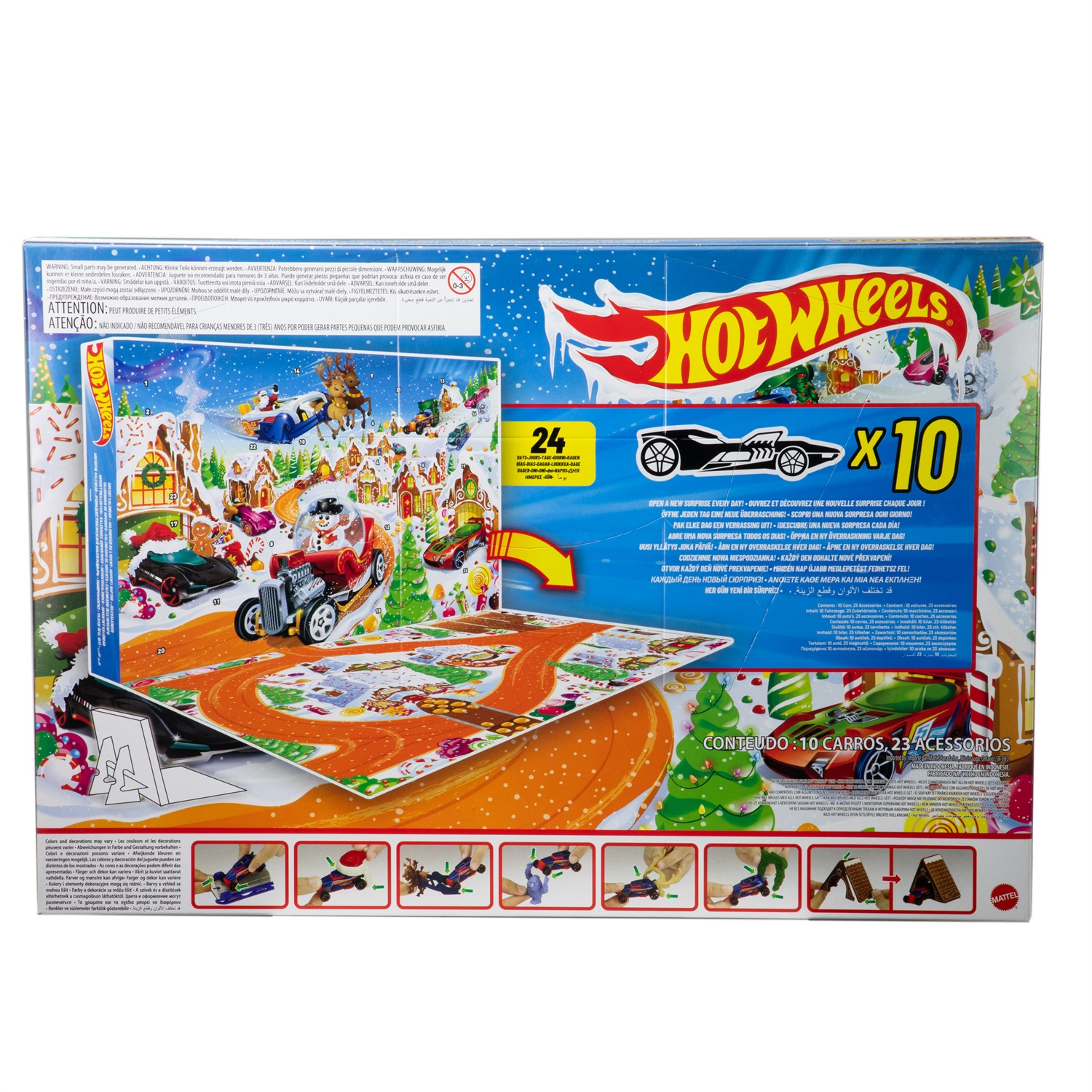 Hot Wheels JCB47 Calendario dell'Avvento 2025 con 10 macchinine, 10 clip e 14 accessori, giocattolo per bambini 3 anni