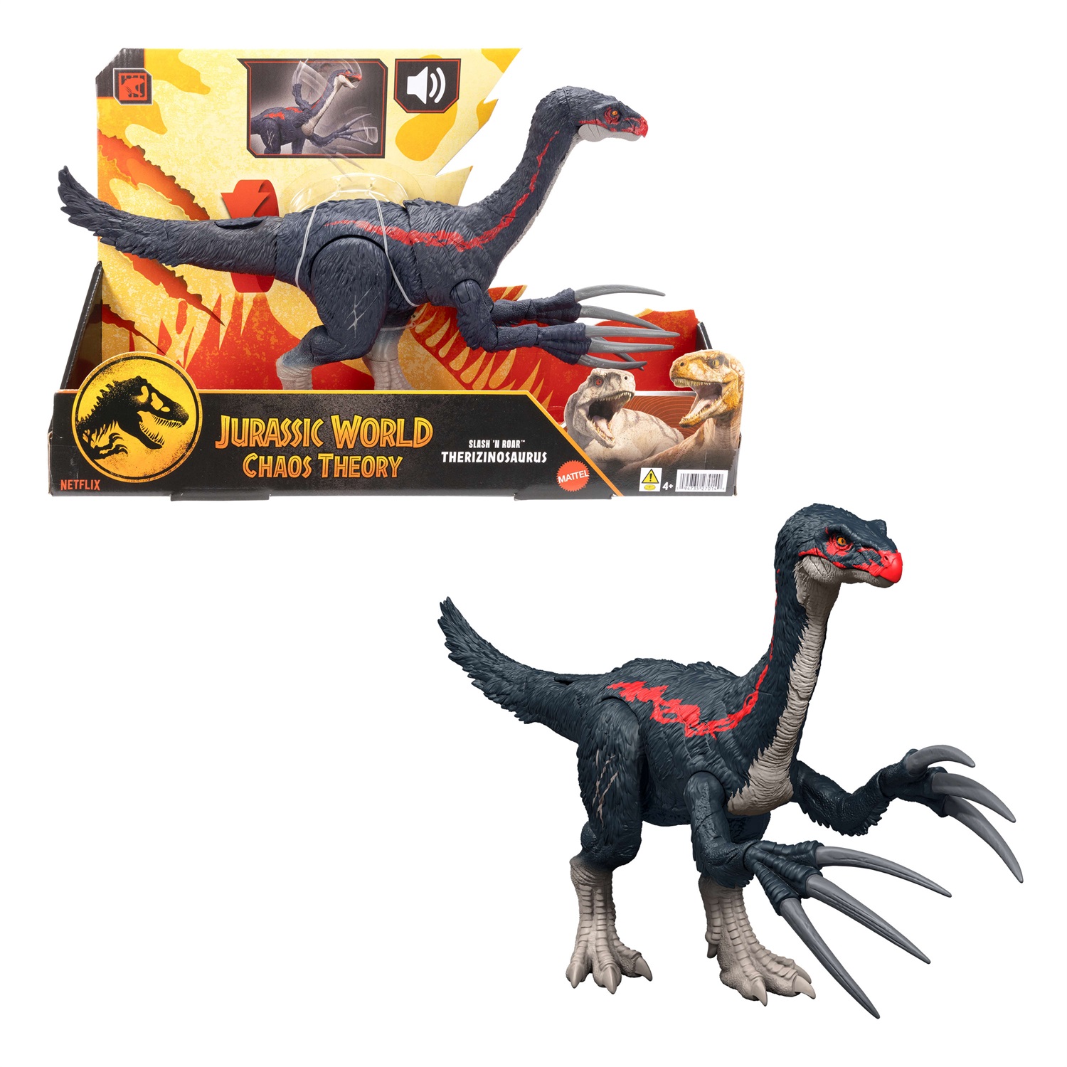 Mattel Jurassic World Therizinosauro Super Artigli - Action Figure Giocattolo con Effetti Sonori e Funzioni di Attacco