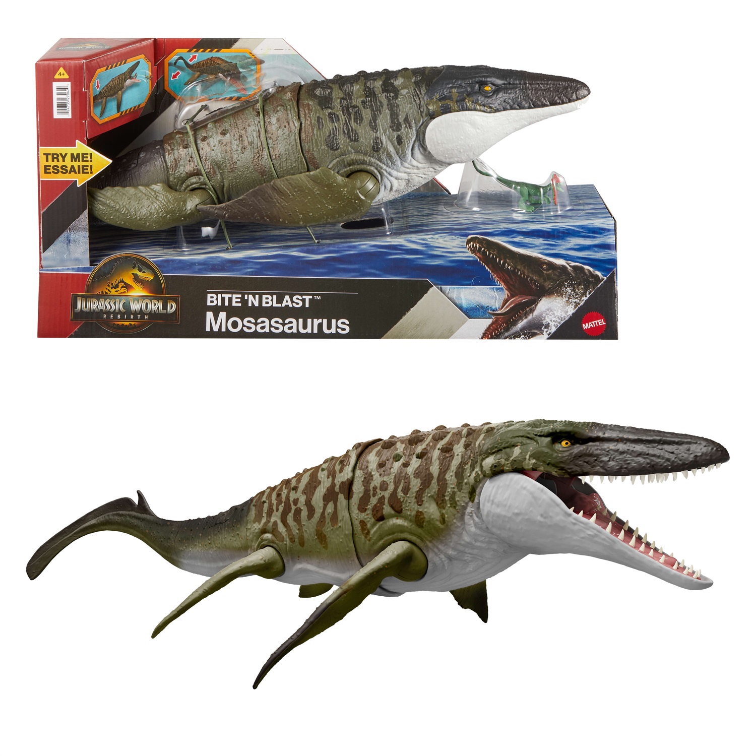Mattel Jurassic World Mosasauro Morso Letale JCH00 - Action Figure Snodata con Doppio Attacco e Mini Dilofosauro Incluso
