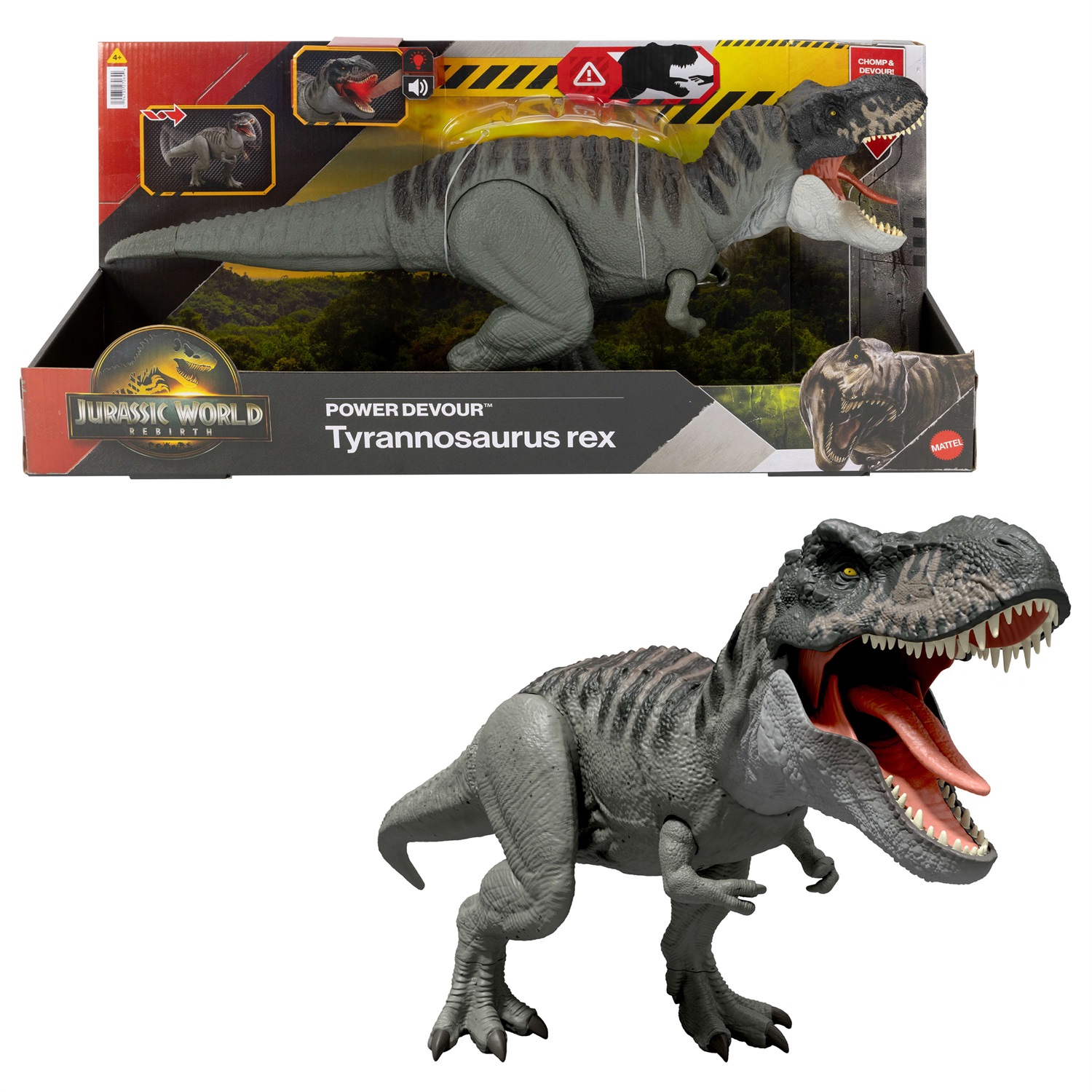 Mattel Jurassic World JCH02 Dinosauro T-Rex Potere Divoratore con Luci e Suoni, Morso Continuo, 45 cm