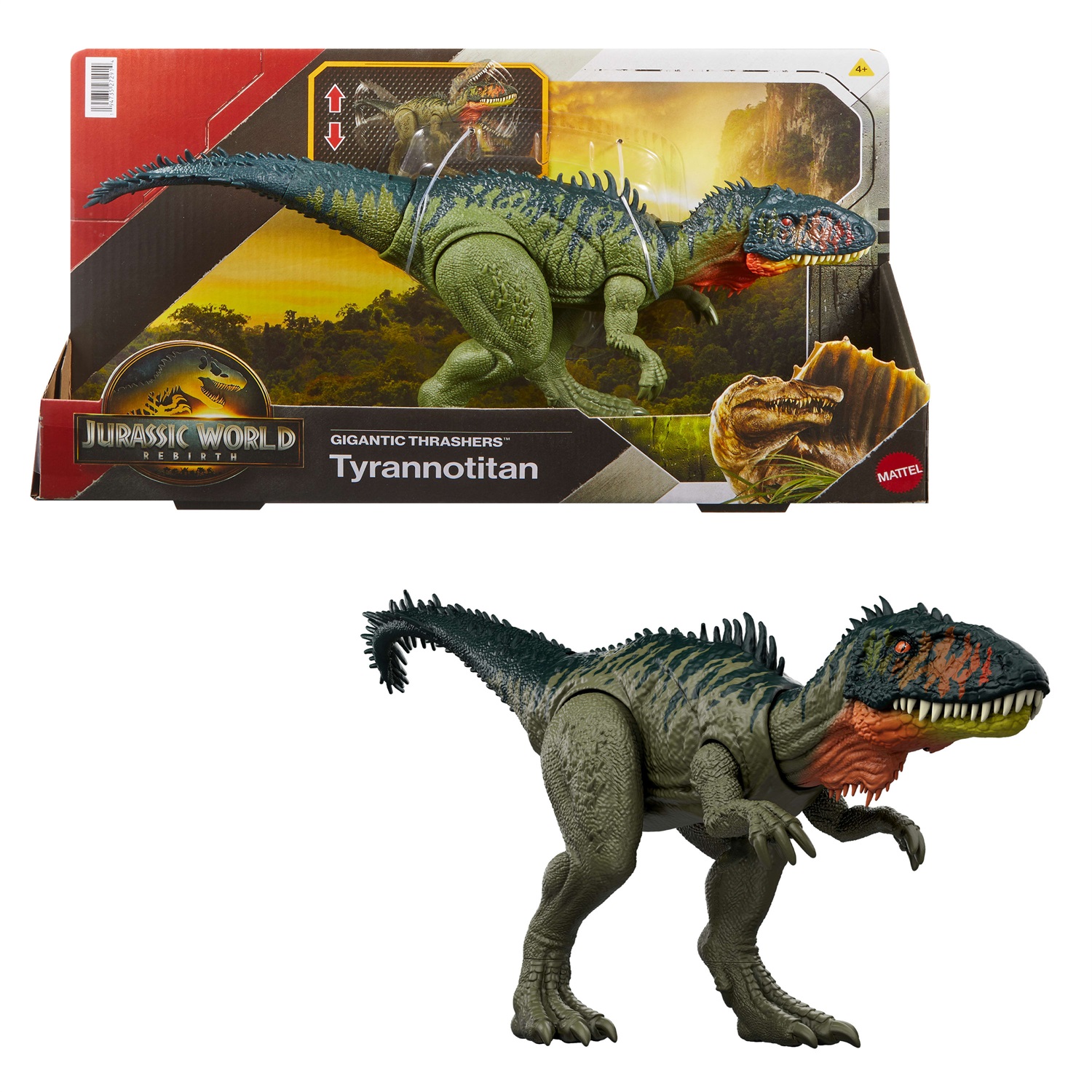 Mattel Jurassic World La Rinascita - Dinosauro Giocattolo Tirannotitano con 2 Attacchi Furiosi e Gioco Digitale