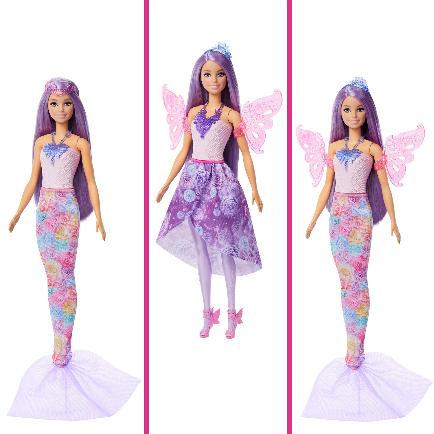 Barbie JCP74 - Bambola Fantasy Fashion con 8 accessori per creare 10 look, coda da sirena e ali di fata, giocattolo per bambini 3 anni