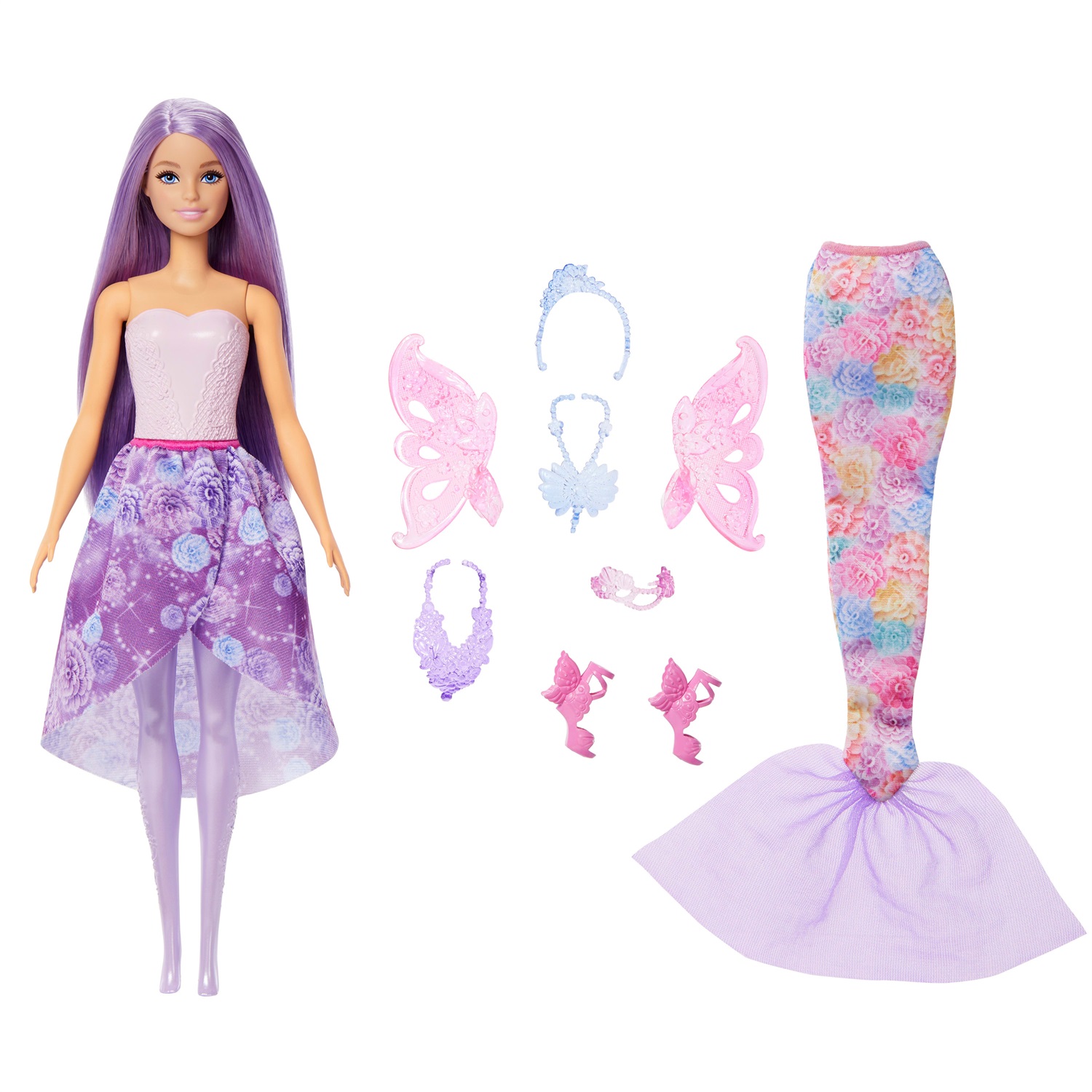 Barbie JCP74 - Bambola Fantasy Fashion con 8 accessori per creare 10 look, coda da sirena e ali di fata, giocattolo per bambini 3 anni