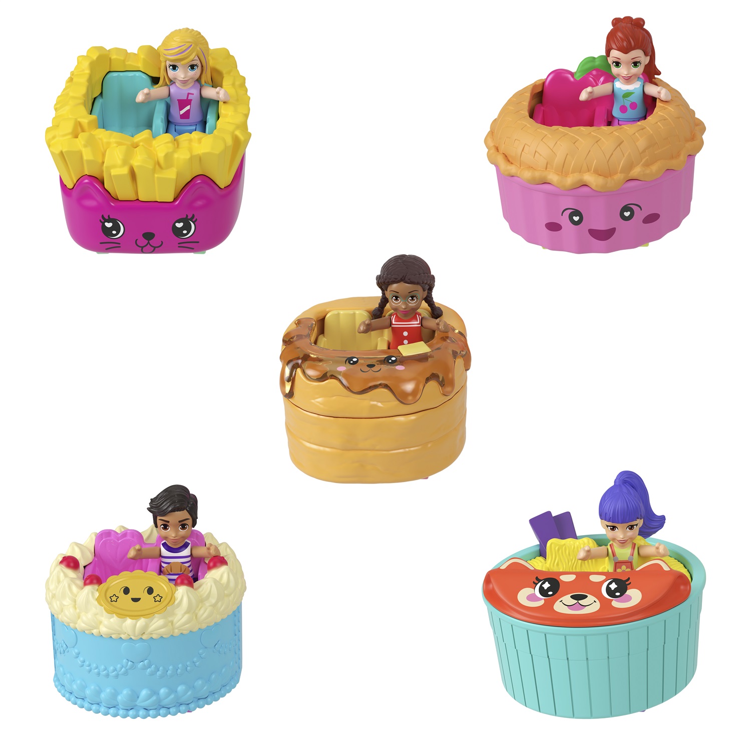 Polly Pocket Tiny Take Out Reveal - Cofanetto a tema merenda con mini bambola, veicolo, cucciolo e quattro accessori, giocattolo per bambini 4 anni, JCR44