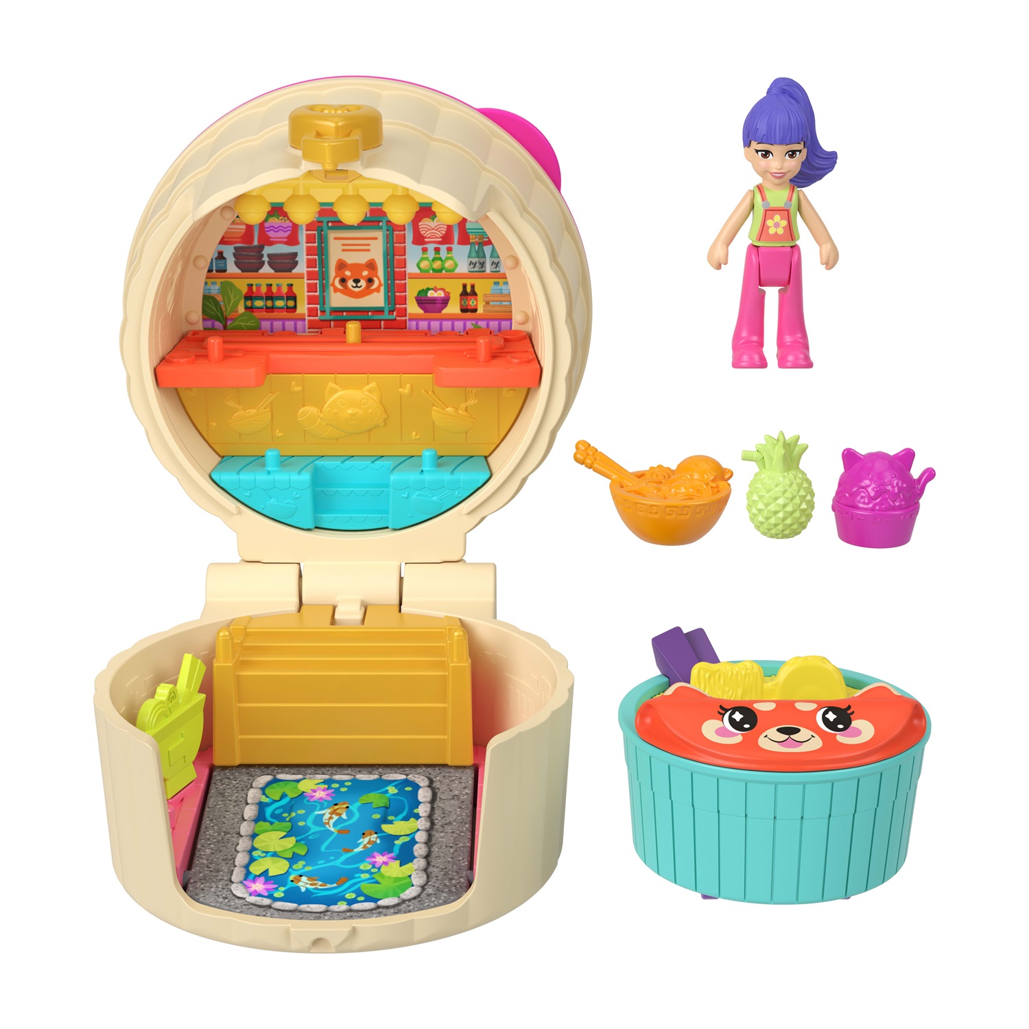 Polly Pocket Tiny Take Out Reveal - Cofanetto a tema merenda con mini bambola, veicolo, cucciolo e quattro accessori, giocattolo per bambini 4 anni, JCR44