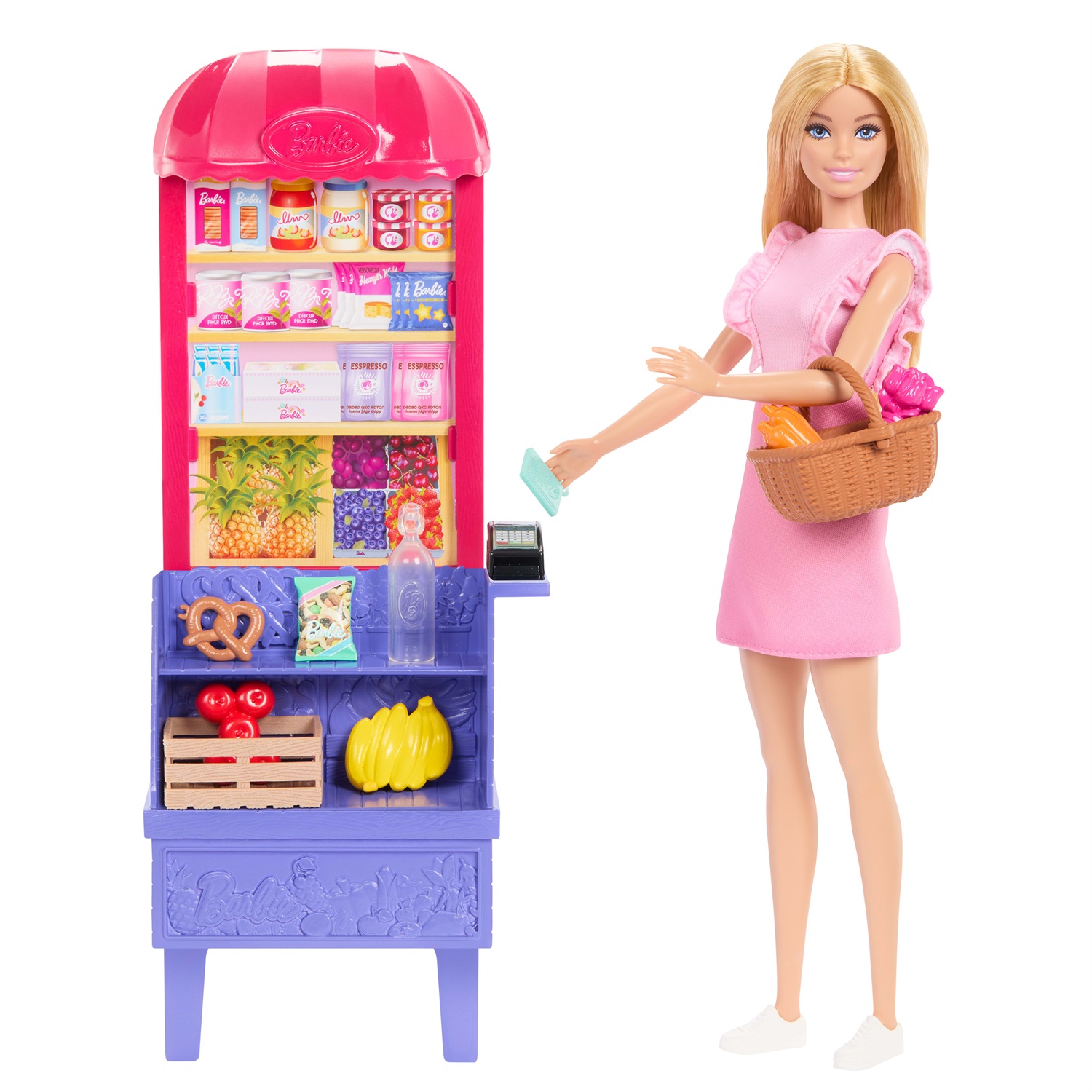 Barbie Malibu fa la spesa - Bambola bionda con bancarella del mercato e 11 accessori a tema, ispirato al film Barbie e Teresa La Ricetta dell'Amicizia, giocattolo per bambini 3 anni, JCT05