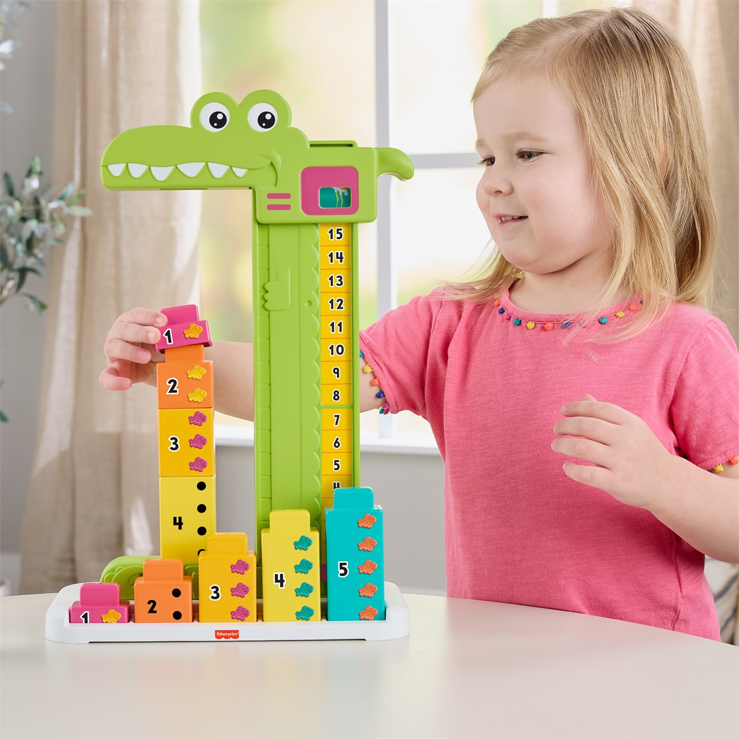 Fisher-Price Coccodrillo Conta e Somma JCT13 - Giocattolo educativo con 10 blocchi impilabili per l'apprendimento del conteggio e delle somme, adatto per bambini 3 anni