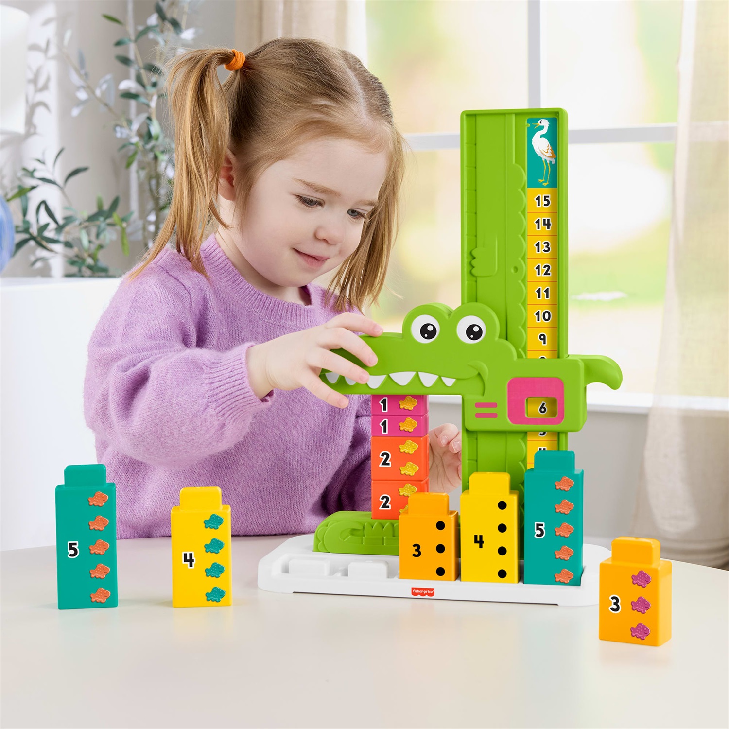 Fisher-Price Coccodrillo Conta e Somma JCT13 - Giocattolo educativo con 10 blocchi impilabili per l'apprendimento del conteggio e delle somme, adatto per bambini 3 anni