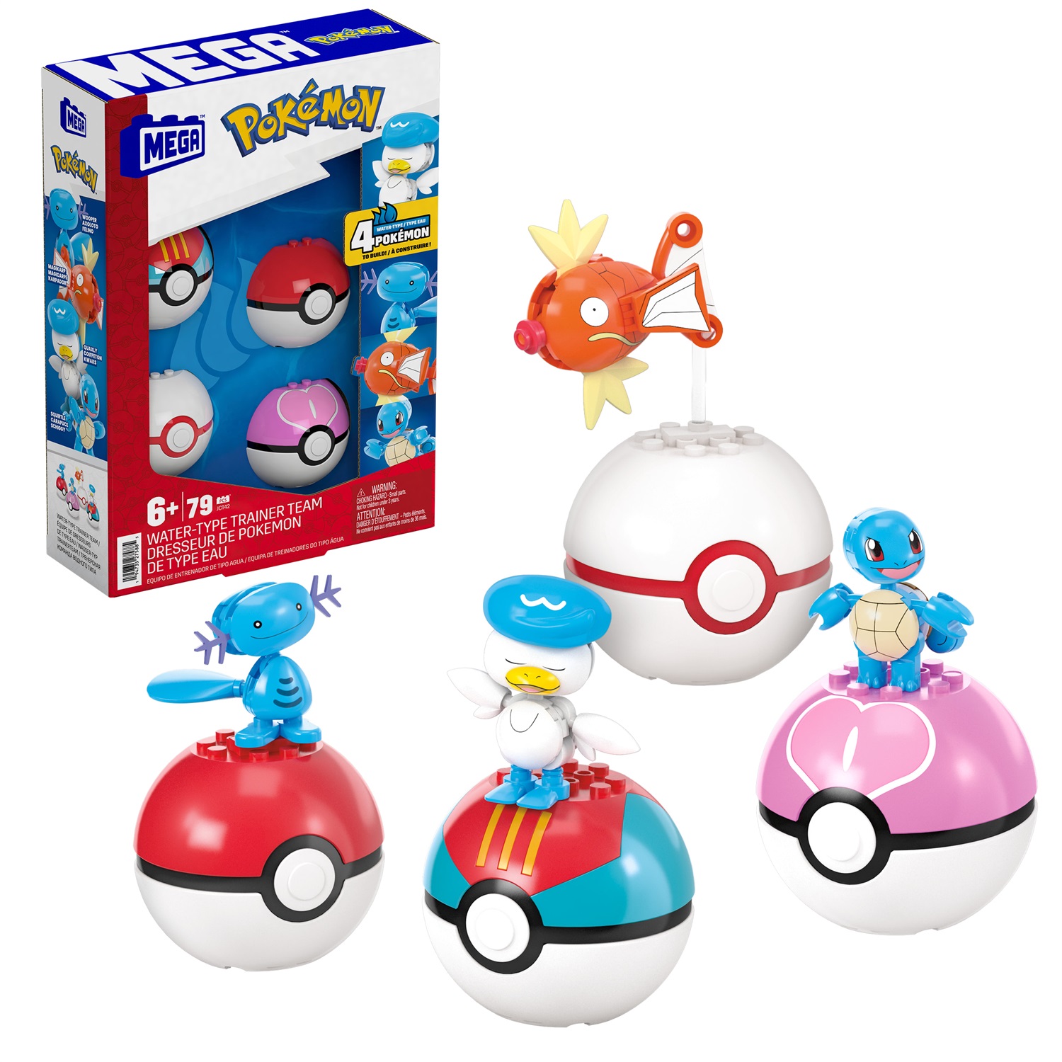 Mega Brands MEGA Pokémon - Squadra di Tipo Acqua, set da costruire con 79 pezzi, include Squirtle, Magikarp, Shellder, Quaxly e 4 Poké Ball con perni, giocattolo per bambini, 6 anni