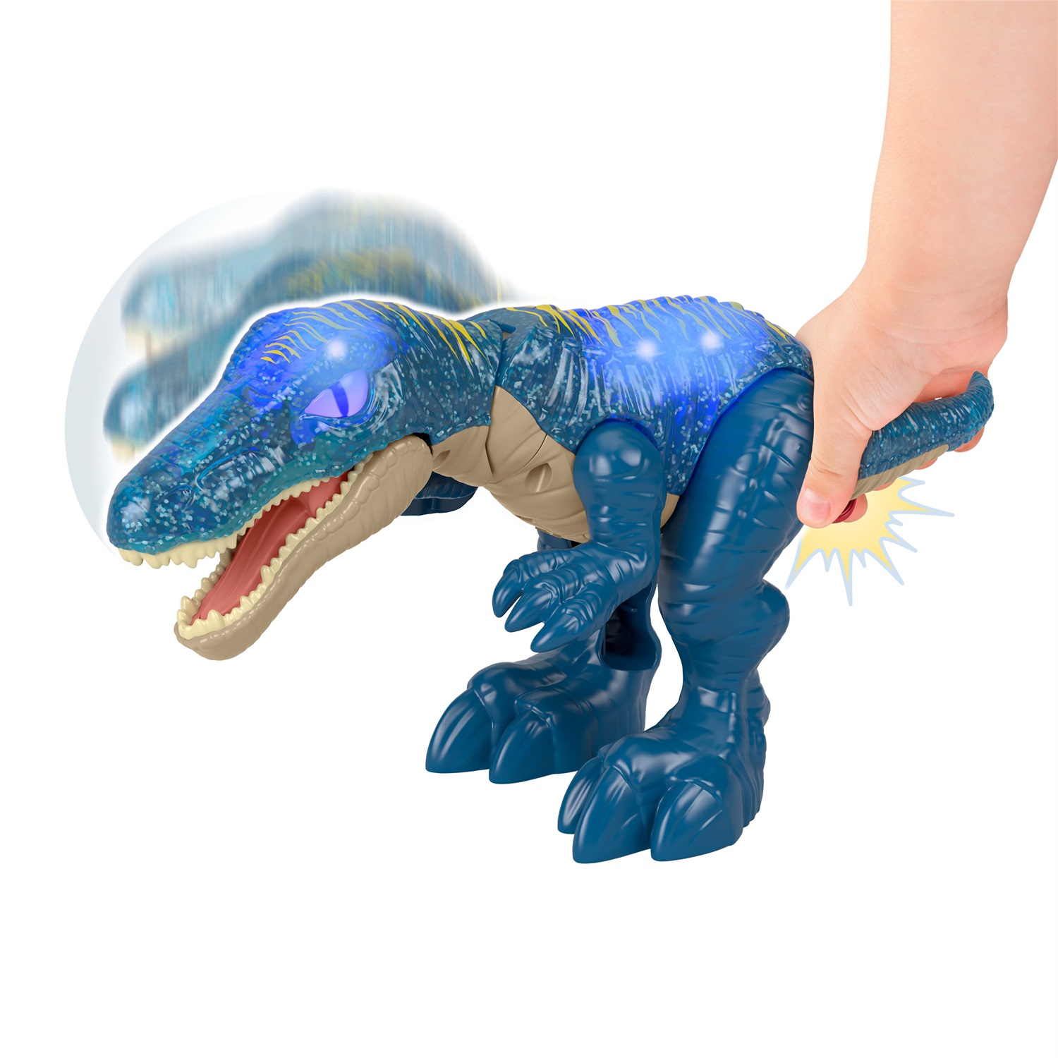 Fisher-Price Baryonyx Super Ruggito - Dinosauro con coda attivabile, luci, suoni e fauci in azione, giocattolo per bambini 3 anni