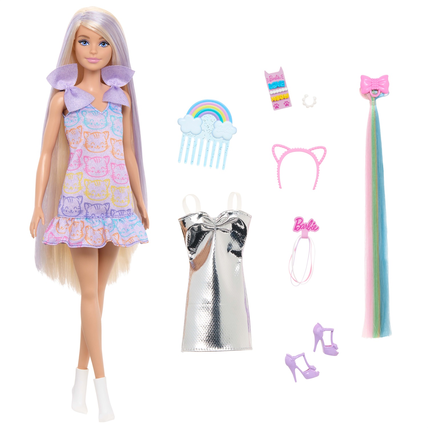 Barbie JCT72 - Bambola Fun & Fancy con Lunghissimi Capelli Biondi, Abito Metalizzato Argento, 2 Look e 10 Accessori Inclusi, Giocattolo per Bambini 3 Anni