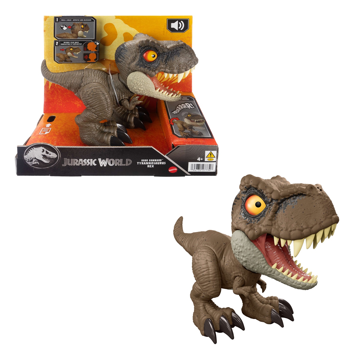 Mattel T-Rex Roar Command - Dinosauro parlante con attacco e ruggito attivabili dalla coda, registra la tua voce, giocattolo per bambini 4 anni