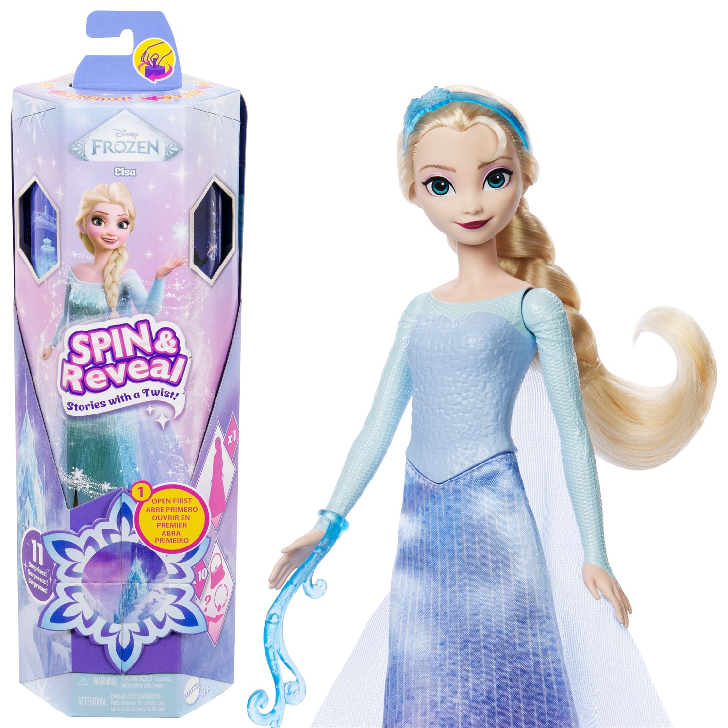 Mattel Disney Frozen - Bambola Elsa Spin & Reveal con 11 Sorprese, 5 Accessori e Scena di Gioco