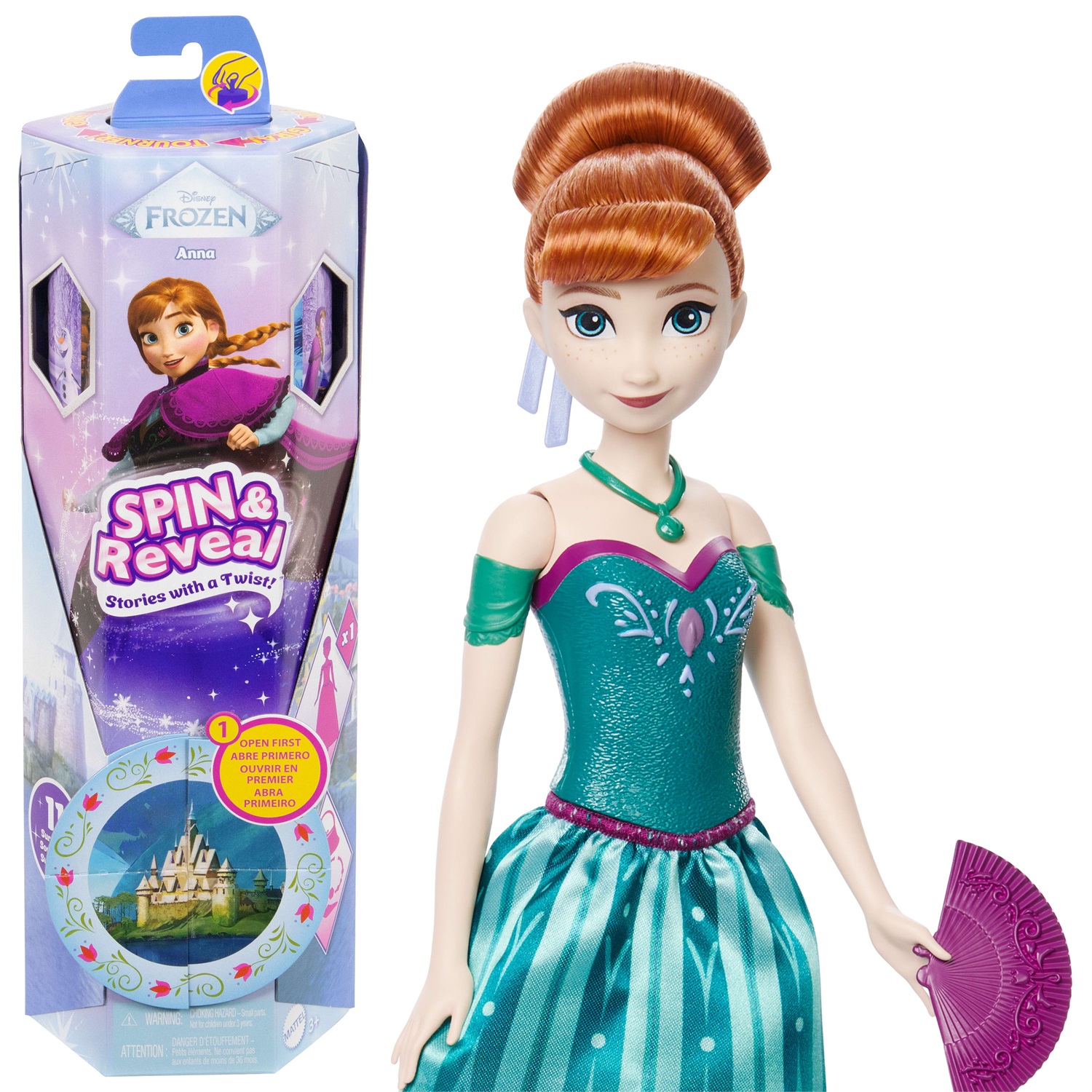 Mattel Disney Frozen - Bambola Anna Spin & Reveal con 11 sorprese, accessori e scena di gioco