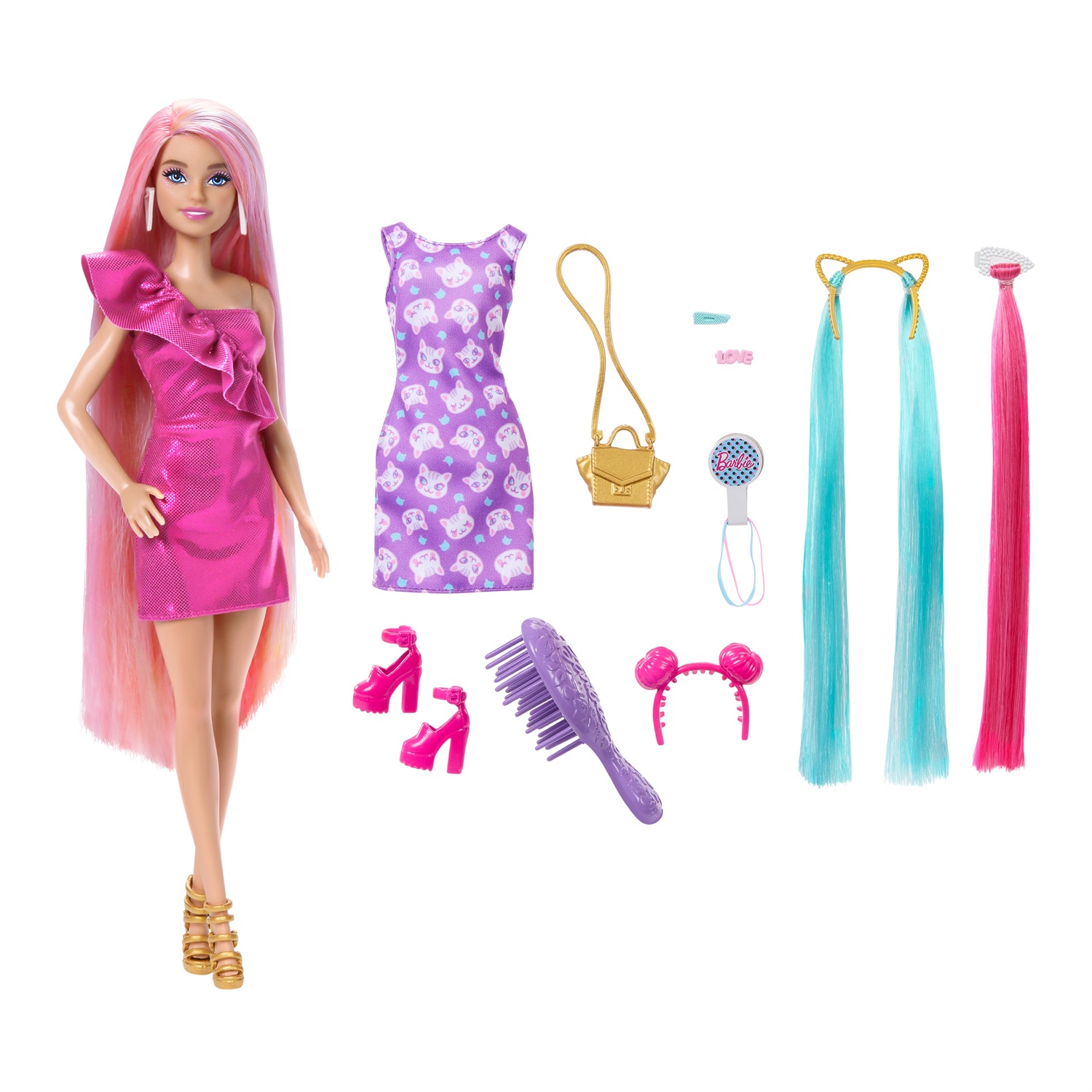 Barbie JDC85 - Bambola Fun & Fancy Hair con Lunghissimi Capelli Biondi Colorati, Abito Rosa Lucido e 10 Accessori per Styling, Giocattolo per Bambini 3 Anni