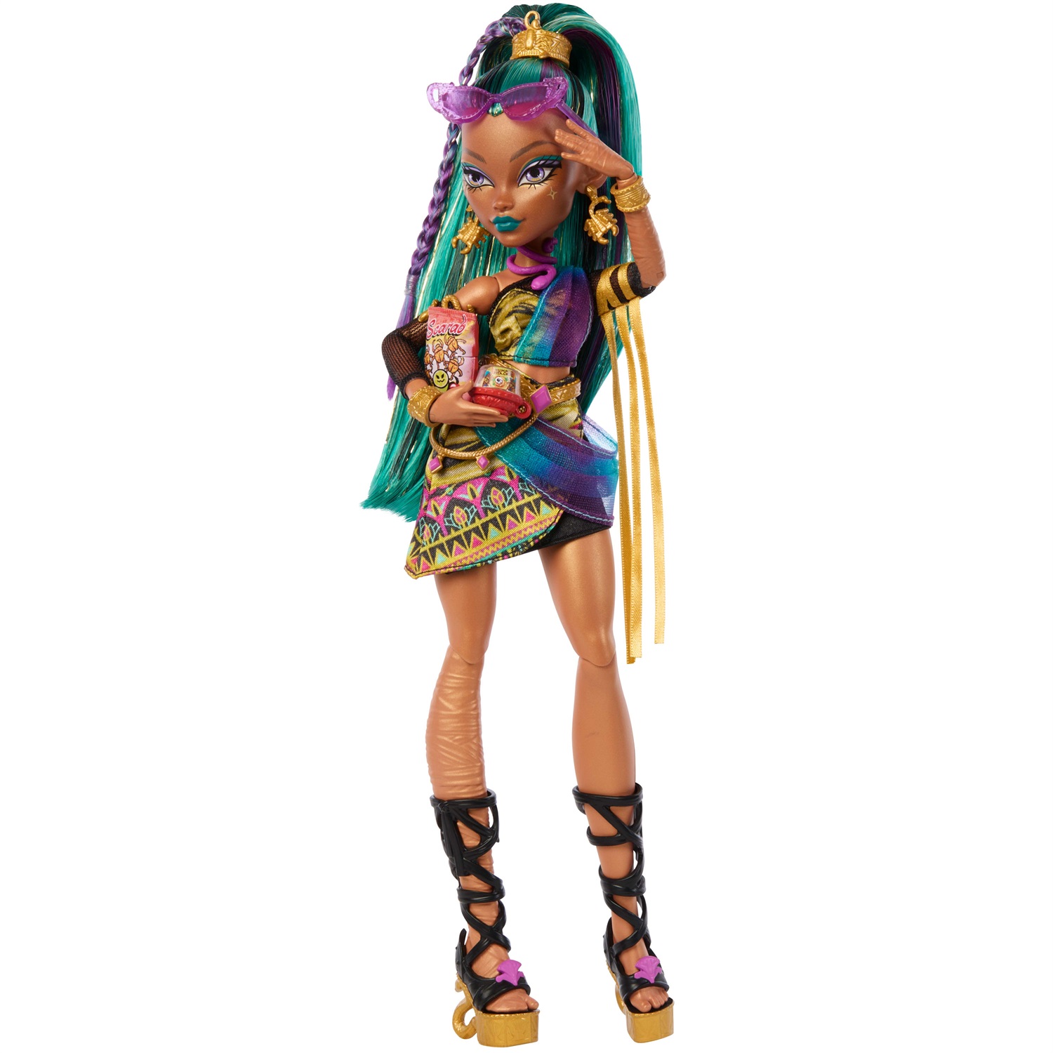 Monster High Nefera De Nile - Bambola Mummia Regale con Amico Scarabeo e 7 Accessori Inclusi, Giocattolo per Bambini 4 Anni, JDR48
