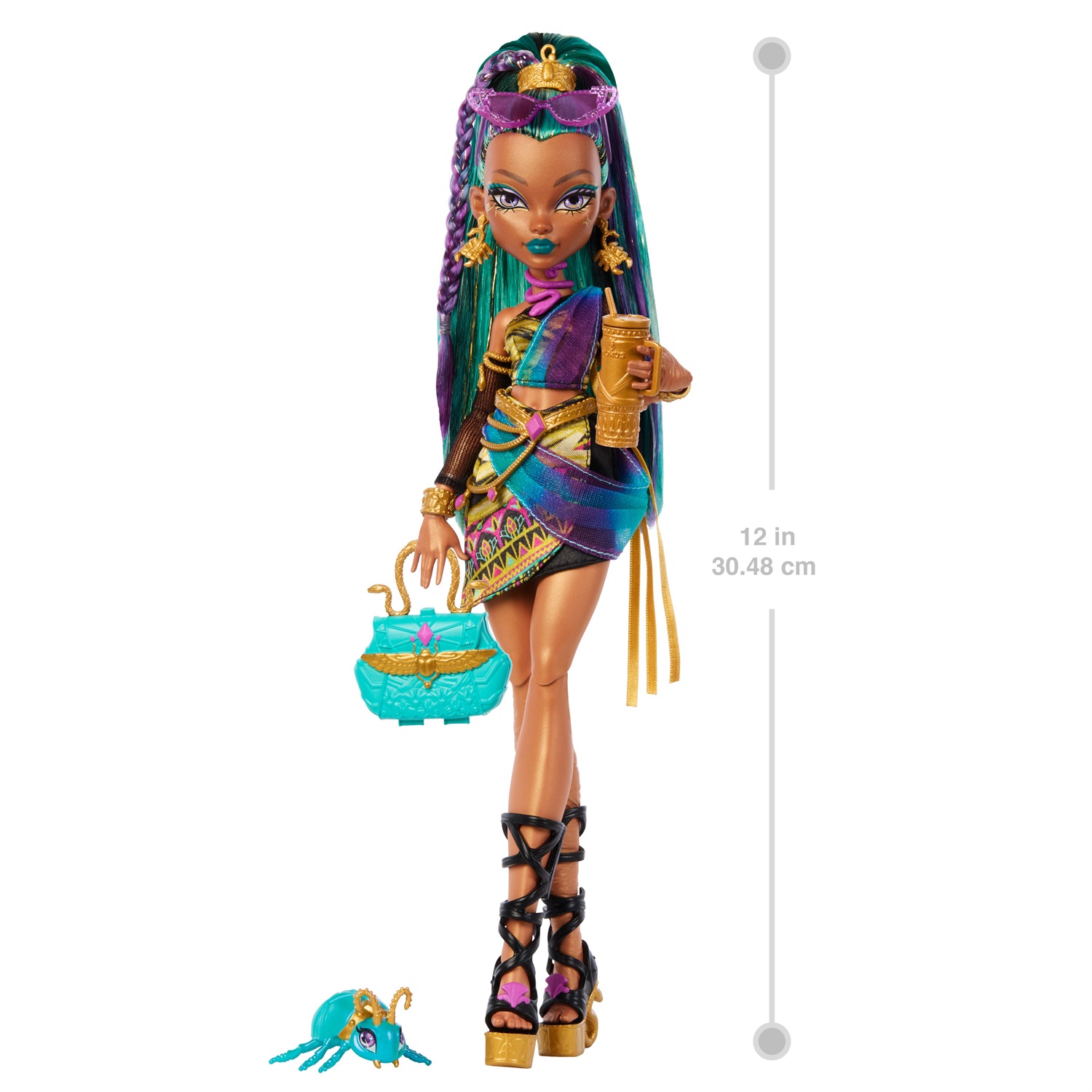 Monster High Nefera De Nile - Bambola Mummia Regale con Amico Scarabeo e 7 Accessori Inclusi, Giocattolo per Bambini 4 Anni, JDR48