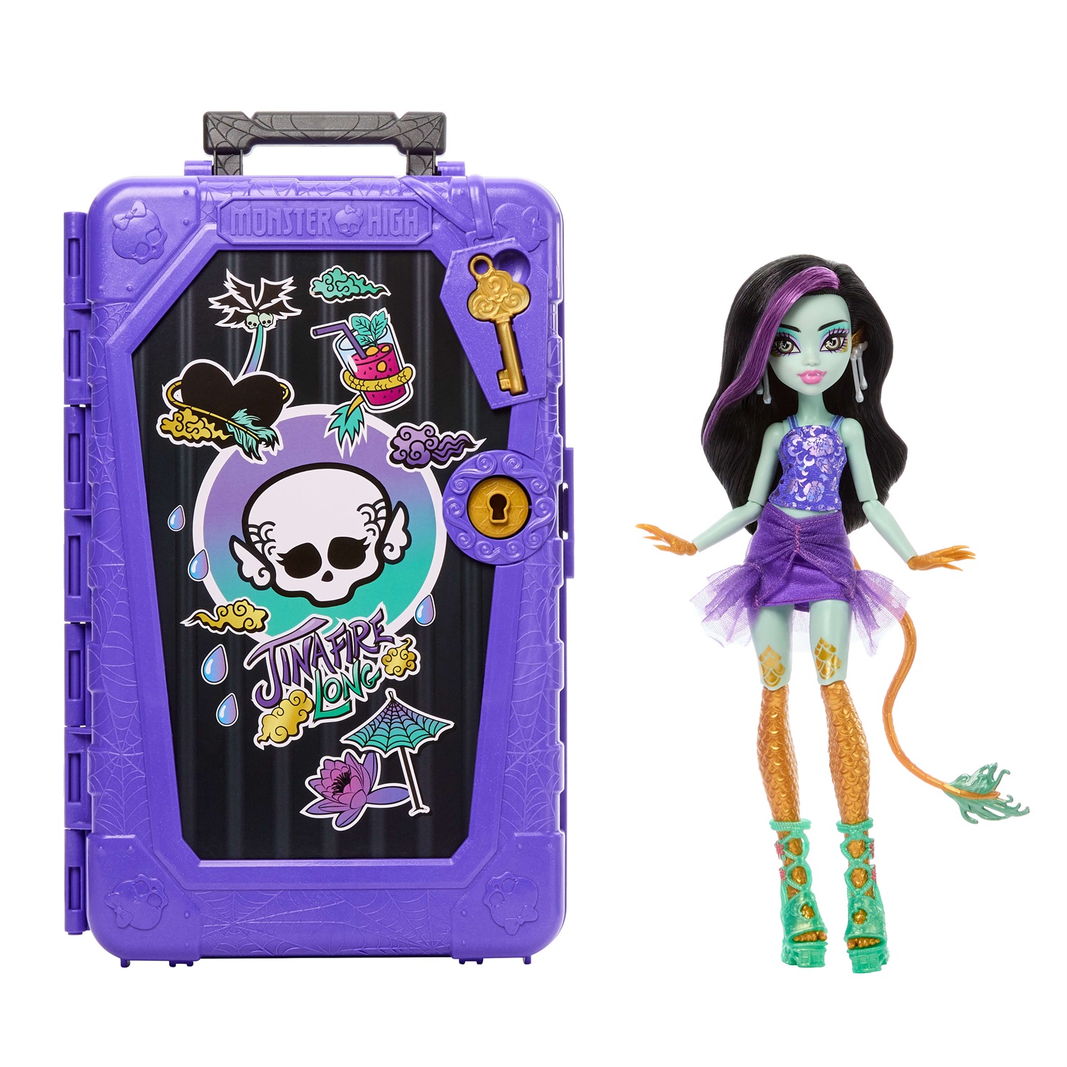 Monster High Jinafire Long - Bambola con 19 Accessori e Valigia, Set Segreti da Brivido per Bambini 4 Anni