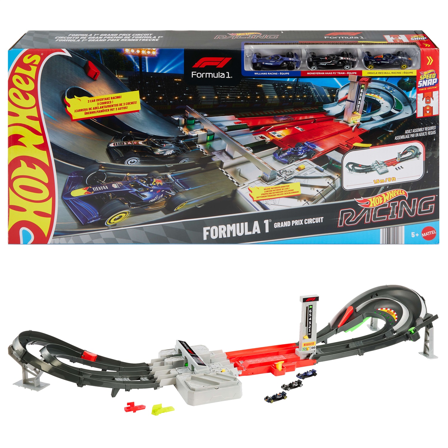 Mattel Hot Wheels Racing JDY16 - Pista da Corsa Grand Prix con Booster Motorizzato e 3 Veicoli di Formula 1