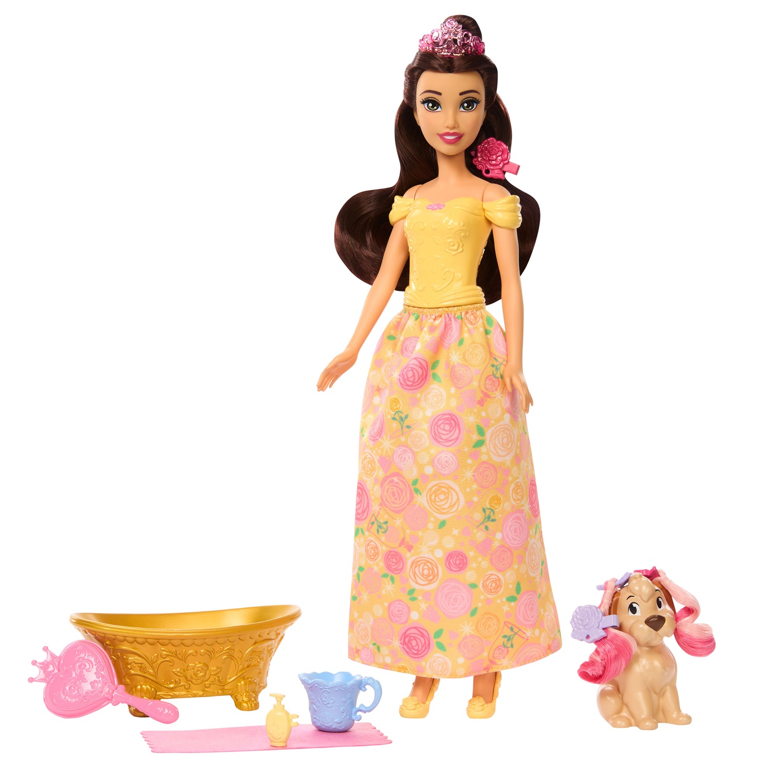 Mattel Disney Princess Belle e Cucciolo - Bambola con Gonna Rimovibile e Cagnolino che Cambia Colore, 9 Accessori Inclusi