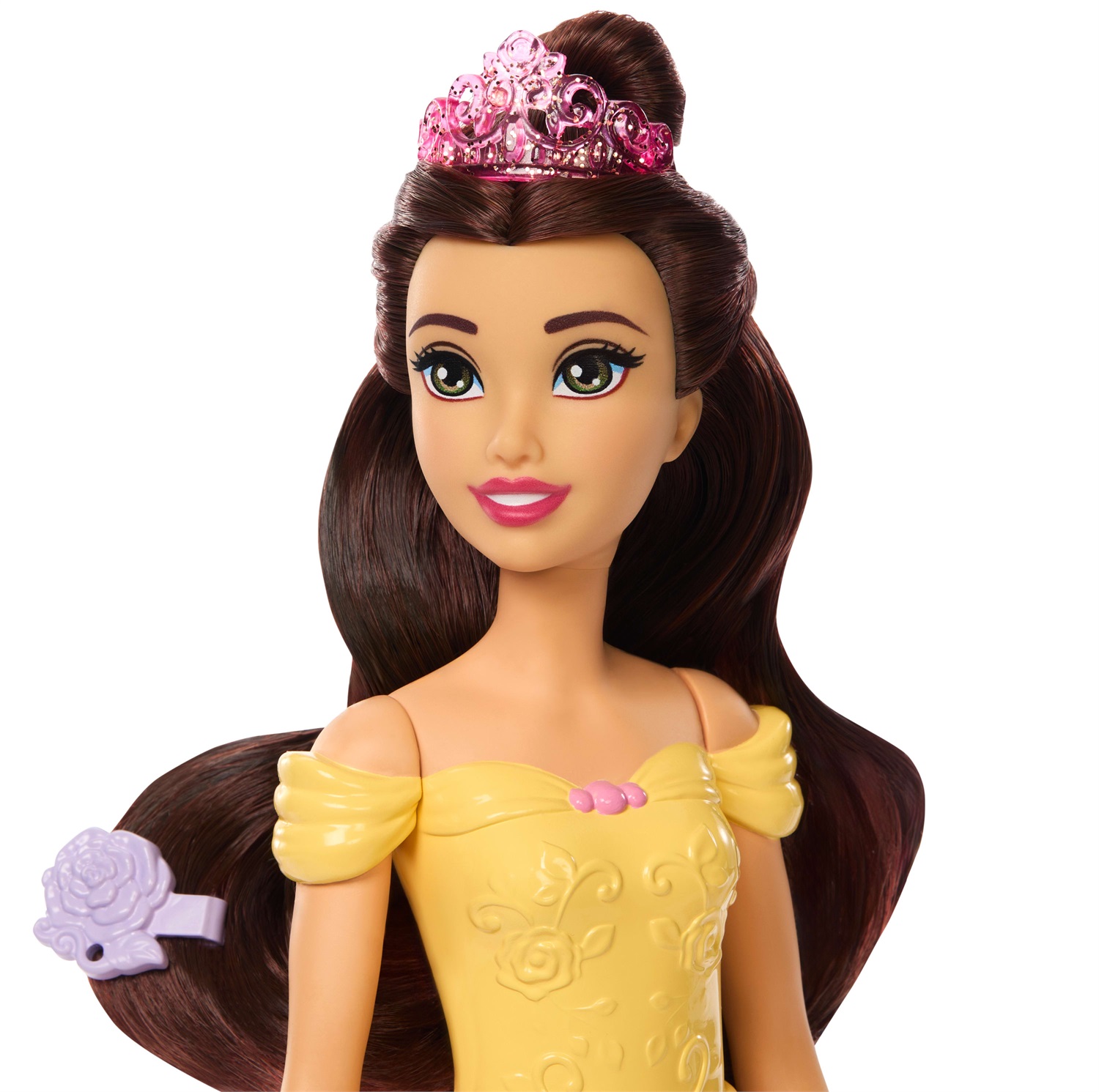 Mattel Disney Princess Belle e Cucciolo - Bambola con Gonna Rimovibile e Cagnolino che Cambia Colore, 9 Accessori Inclusi