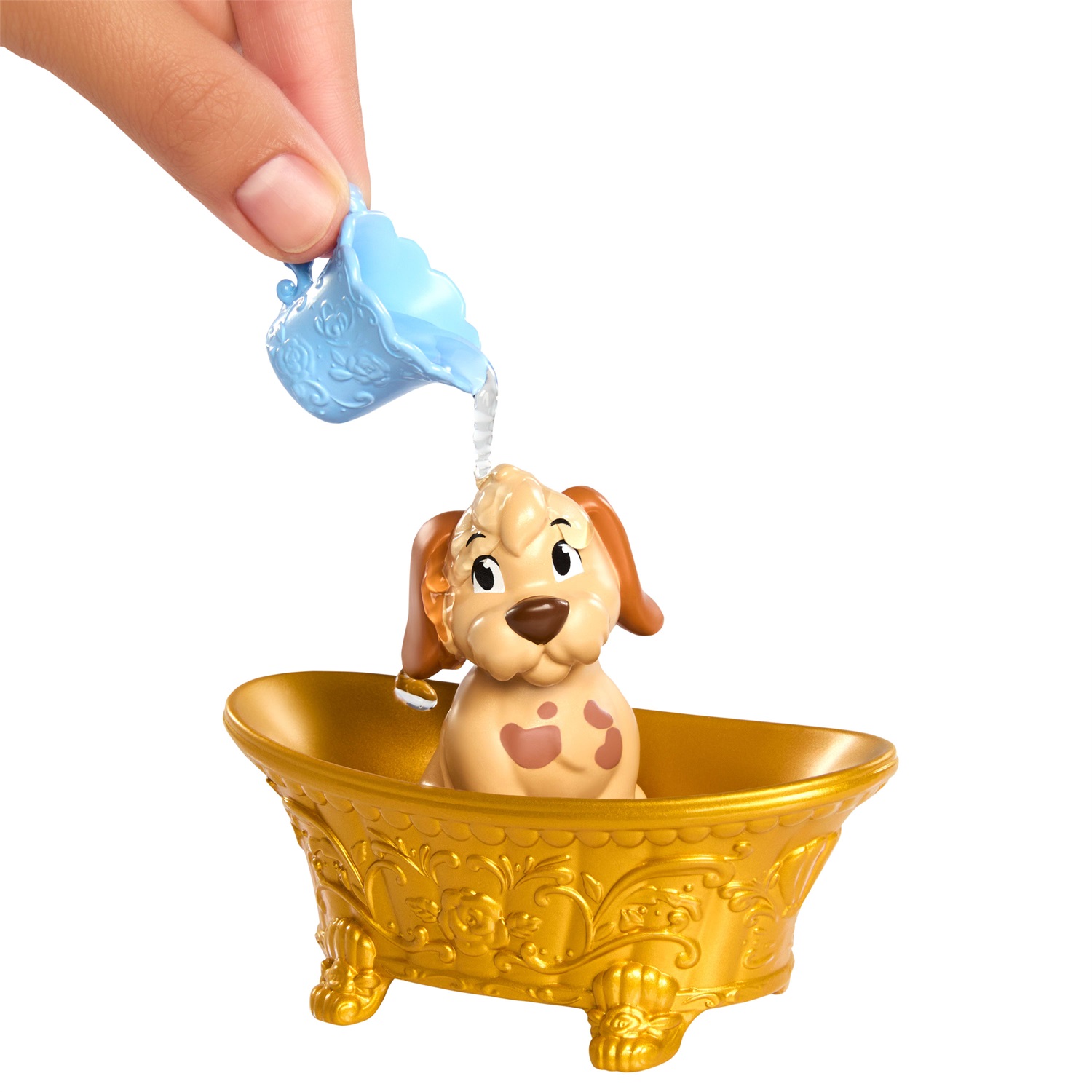 Mattel Disney Princess Belle e Cucciolo - Bambola con Gonna Rimovibile e Cagnolino che Cambia Colore, 9 Accessori Inclusi