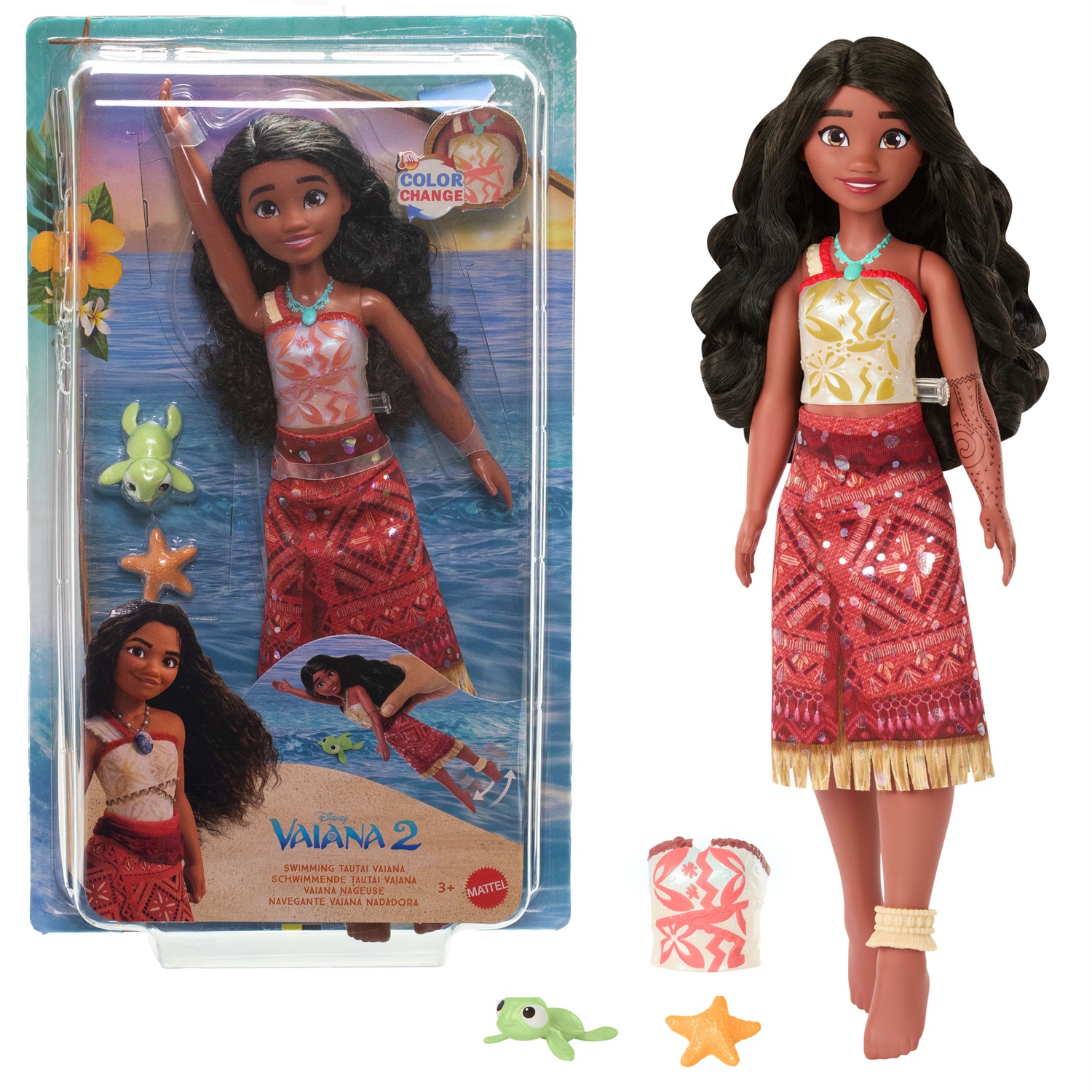 Mattel Tautai Vaiana Nuotatrice JFF09 - Bambola ispirata a Disney Oceania 2 con corpetto cambia colore, gambe mobili e 2 accessori inclusi, per bambini dai 3 anni