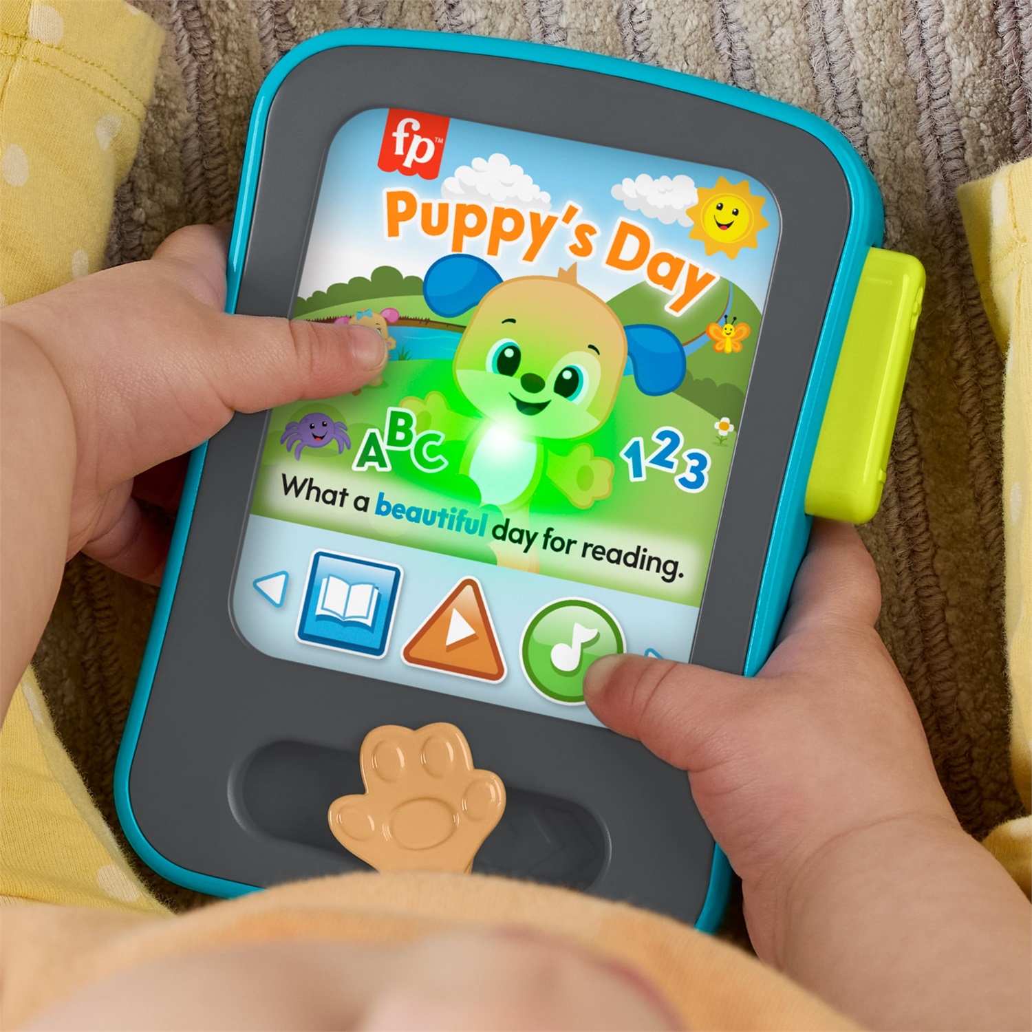 Fisher-Price Puppy's Storytime Reader - Giocattolo educativo per bambini dai 6 mesi con musica, luci e supporto multilingue