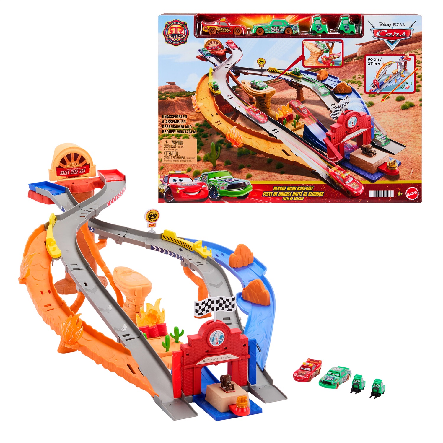 Mattel Sfreccia e Soccorri Circuito per Soccorso Stradale - Set con Saetta McQueen, Chick Hicks e 2 veicoli della squadra di Pitty, Giocattolo per bambini 4 anni, JFL57