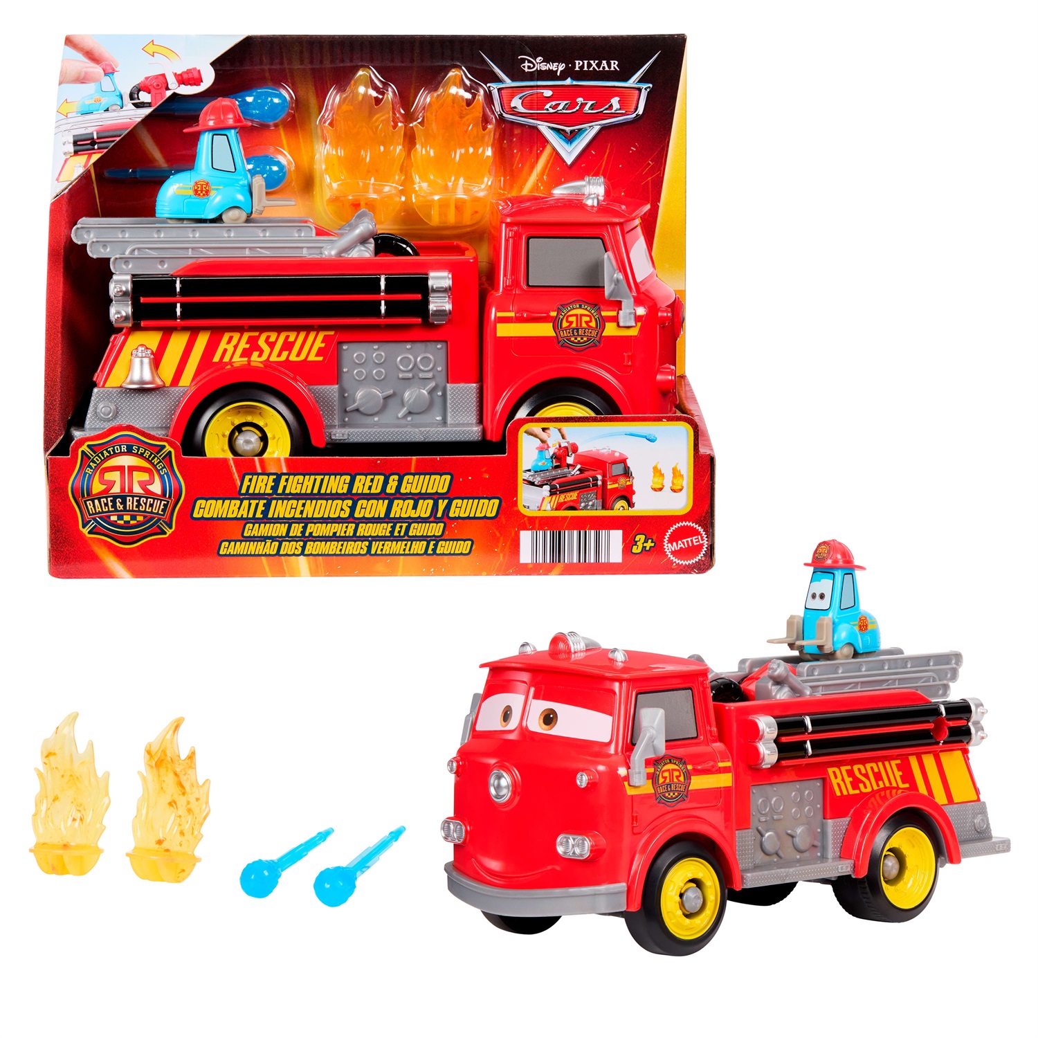 Mattel Sfreccia e Soccorri Red e Guido Pompieri - Set Giocattolo con Camion dei Pompieri, 2 Bersagli a Forma di Fiamma e 2 Proiettili ad Acqua, per Bambini 3 Anni