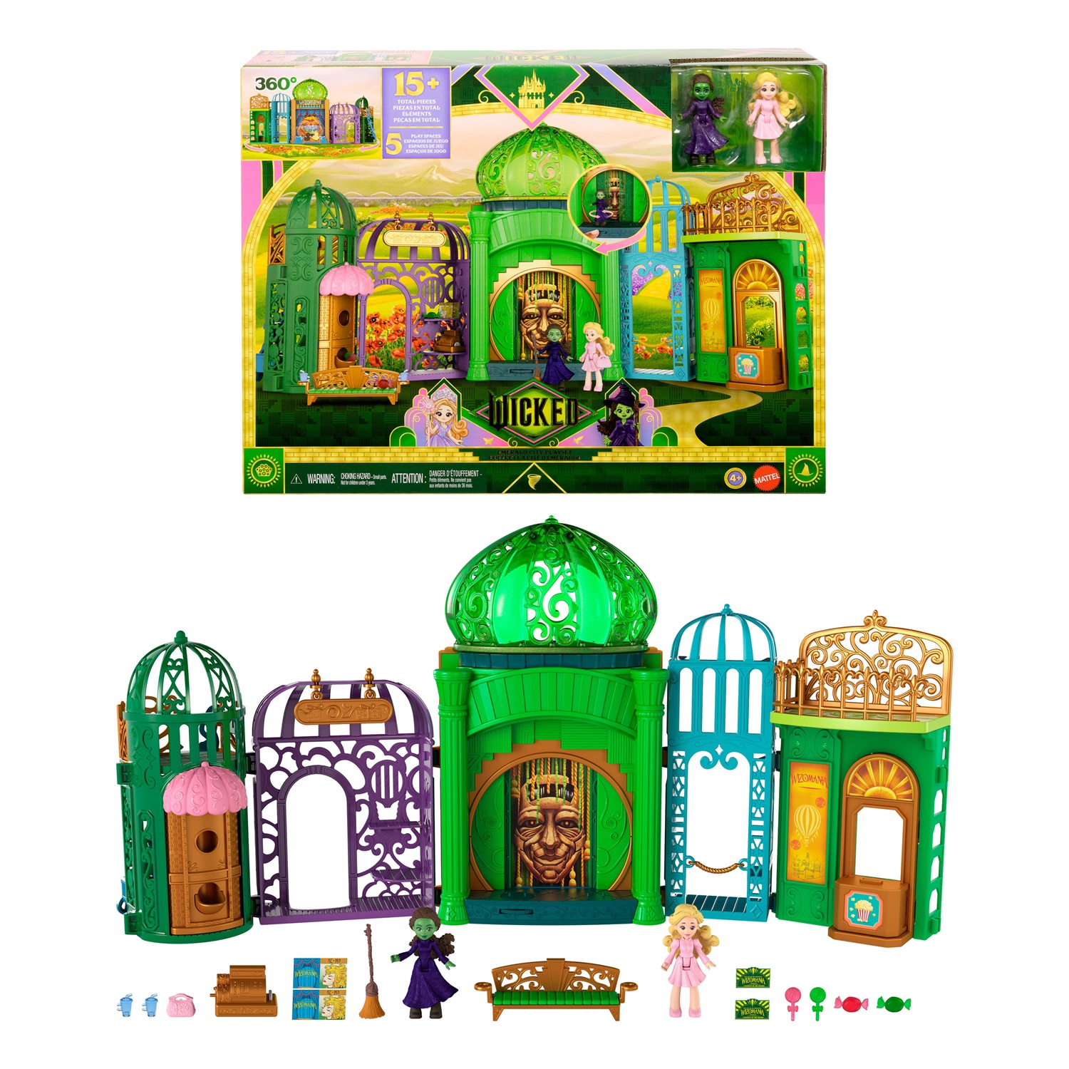 Mattel Universal Wicked - Città di Smeraldo, set da gioco con mini bambole Glinda e Elphaba, 5 aree di gioco e 15 accessori, per bambini 4 anni, JFM22