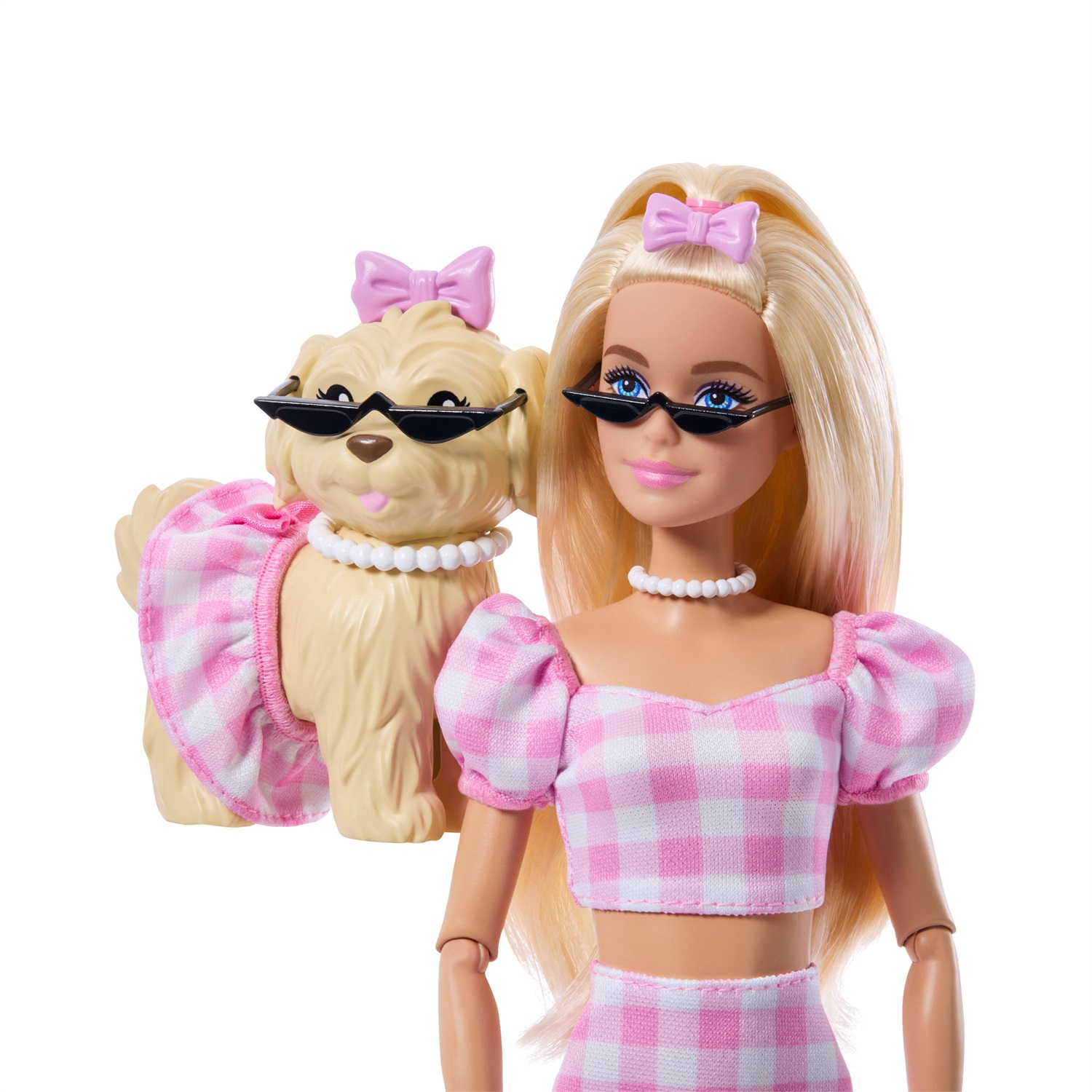 Barbie JFP36 - Bambola Bionda con Cagnolino in Abiti Rosa a Quadretti e Accessori Coordinati, Giocattolo per Bambini 3 Anni