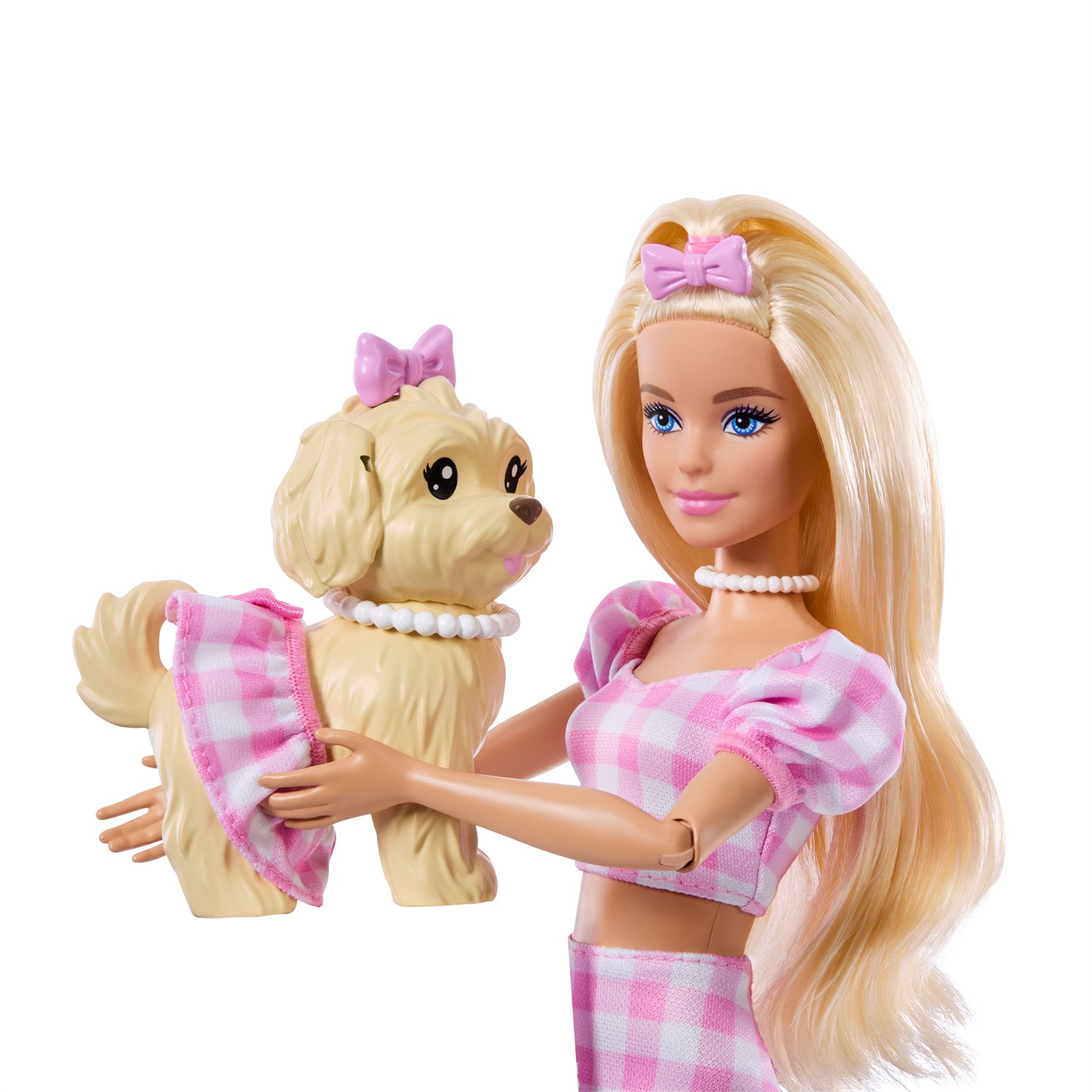 Barbie JFP36 - Bambola Bionda con Cagnolino in Abiti Rosa a Quadretti e Accessori Coordinati, Giocattolo per Bambini 3 Anni
