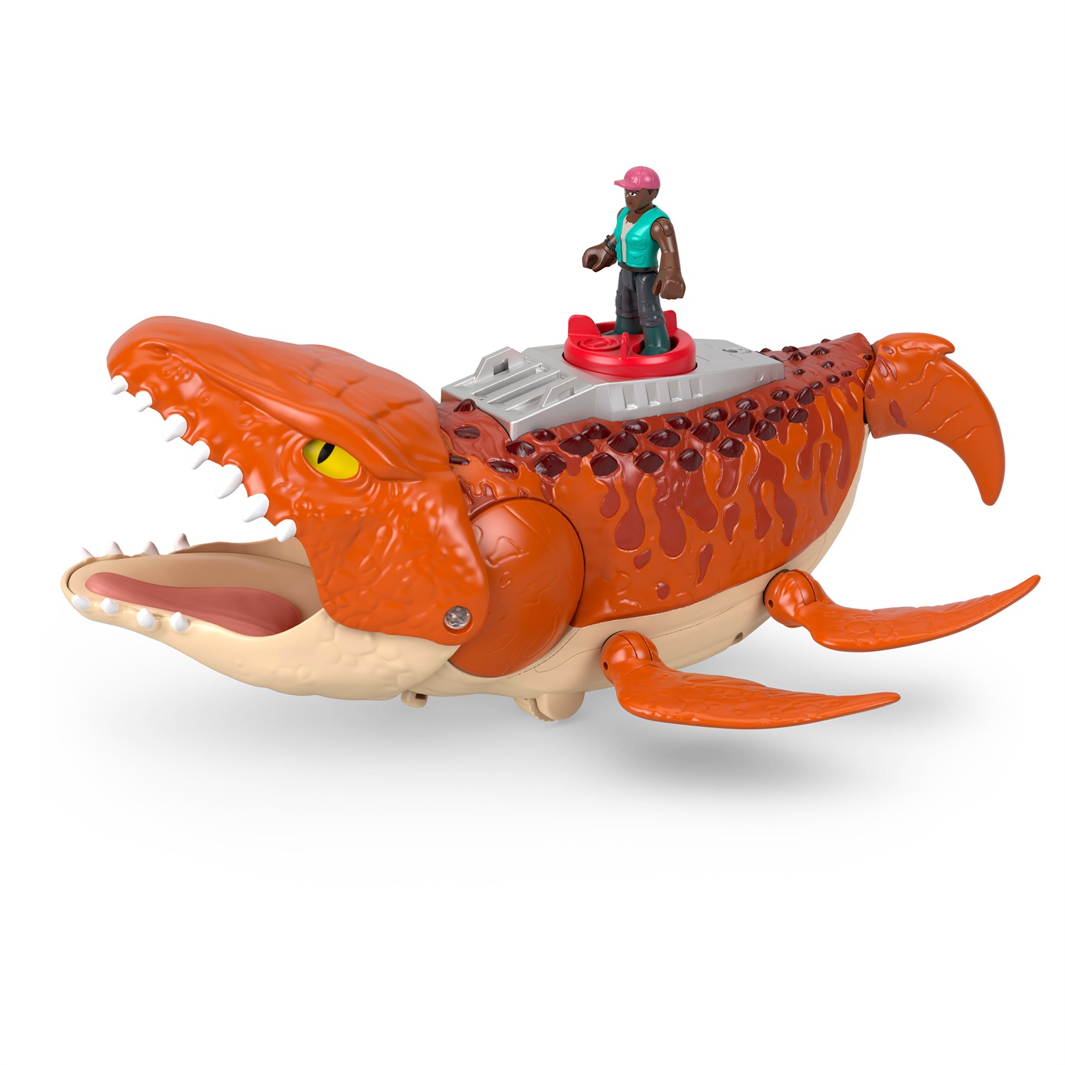 Fisher-Price Imaginext Jurassic World La Rinascita - Mosasauro Acquatico 46 cm con Action Figure 8 cm, Barca con Lanciatore e Suoni