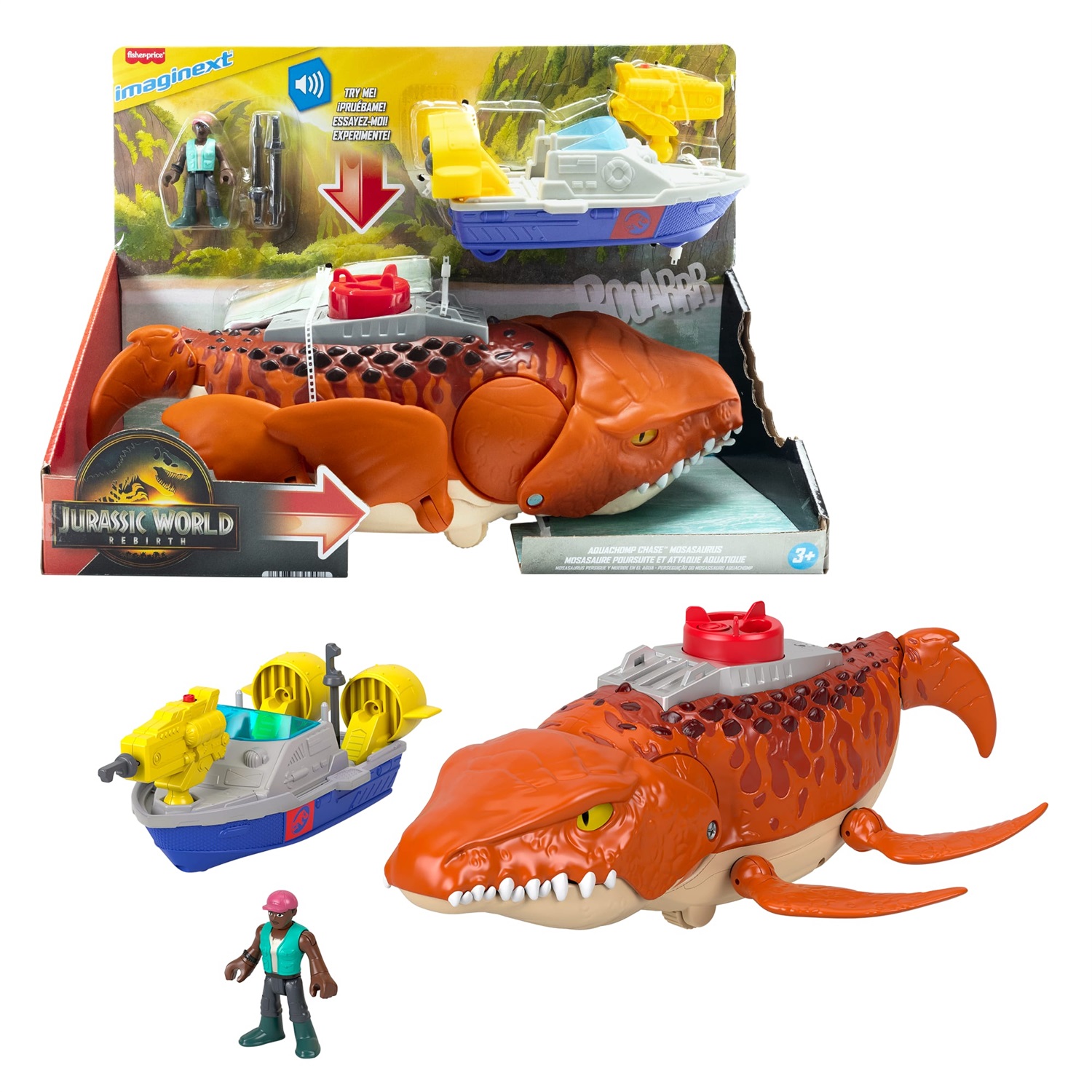 Fisher-Price Imaginext Jurassic World La Rinascita - Mosasauro Acquatico 46 cm con Action Figure 8 cm, Barca con Lanciatore e Suoni