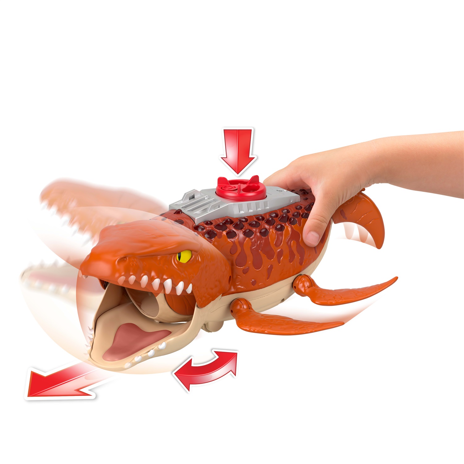 Fisher-Price Imaginext Jurassic World La Rinascita - Mosasauro Acquatico 46 cm con Action Figure 8 cm, Barca con Lanciatore e Suoni