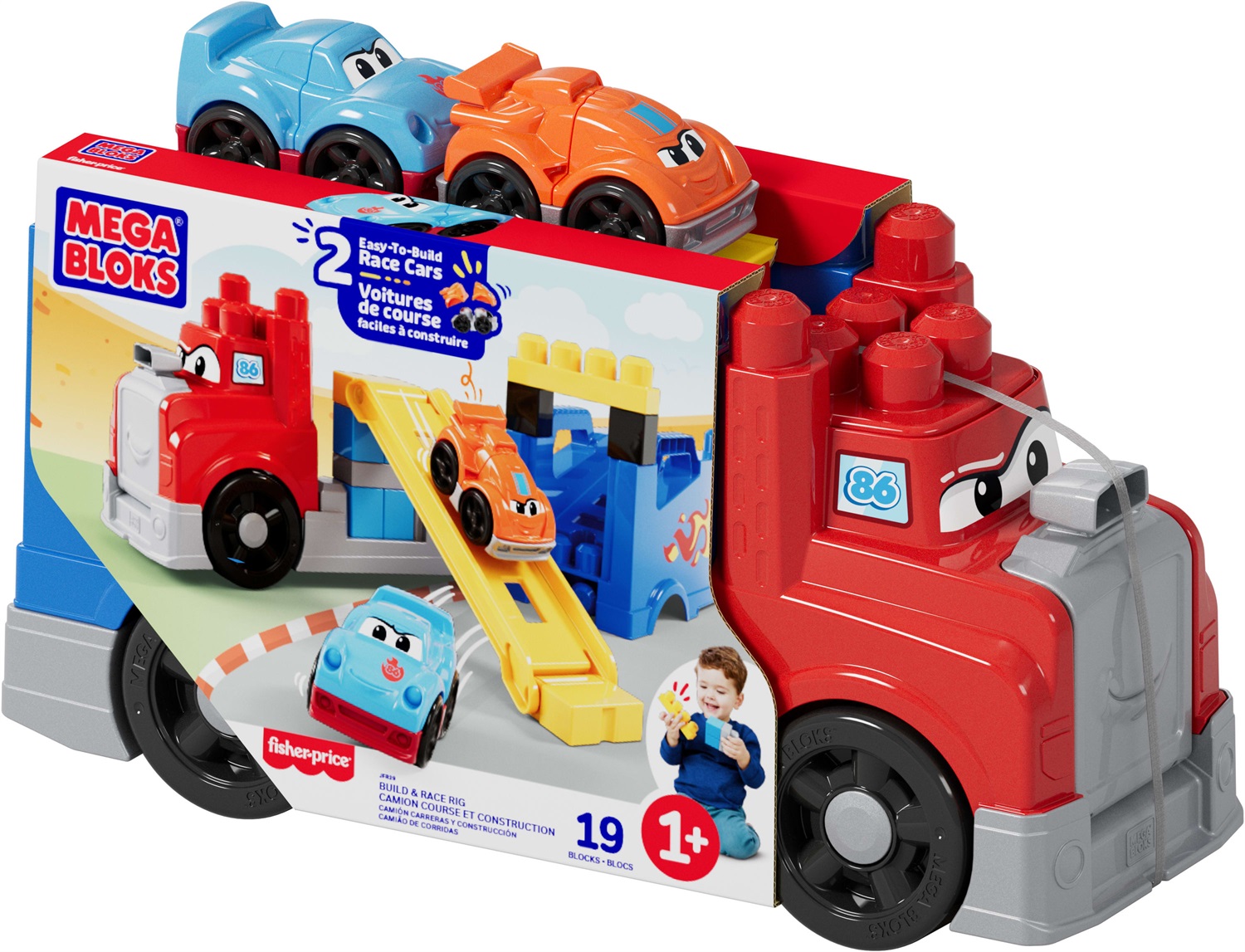 MEGA Bloks Autotreno Monta e Sfreccia - Set di costruzione con 19 blocchi, 2 macchinine da corsa e custodia, per bambini 1 anni