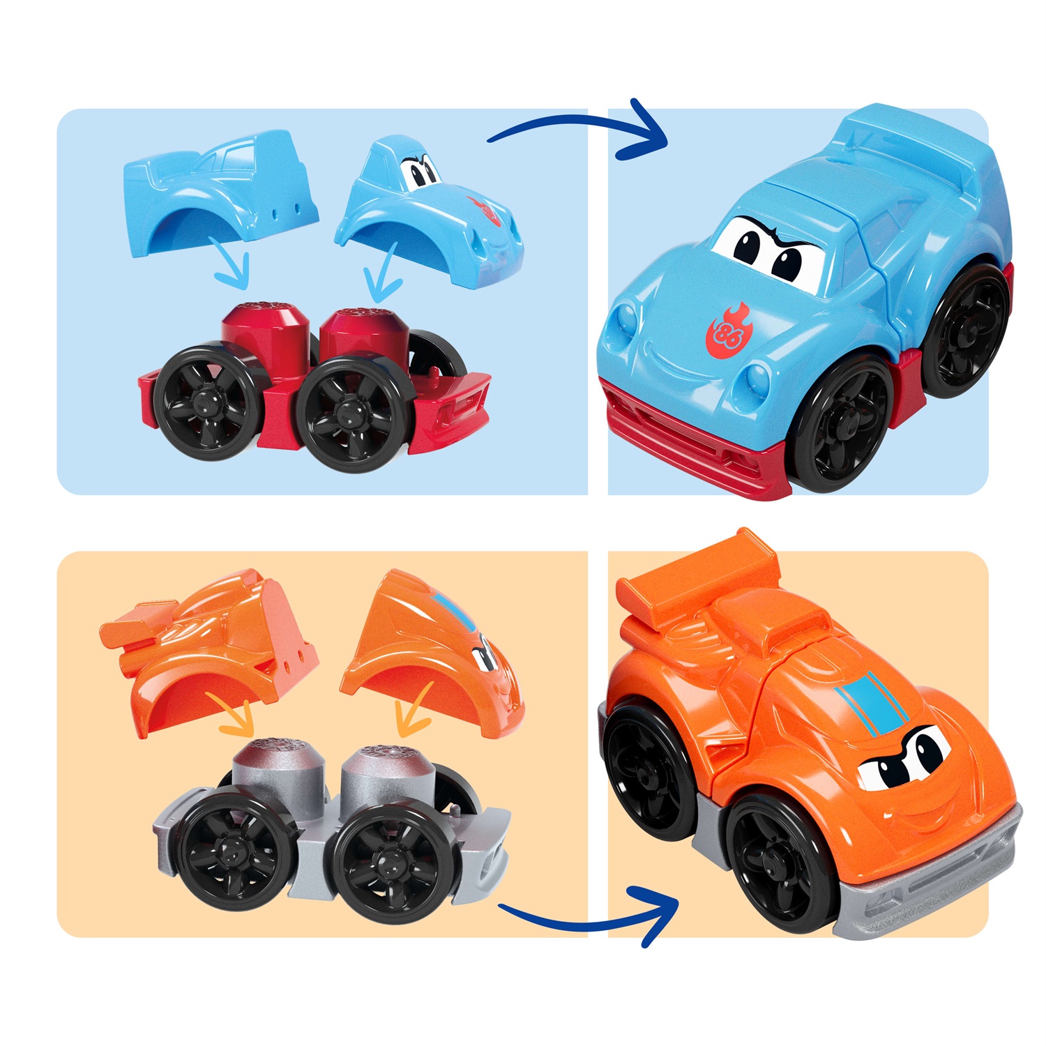 MEGA Bloks Autotreno Monta e Sfreccia - Set di costruzione con 19 blocchi, 2 macchinine da corsa e custodia, per bambini 1 anni