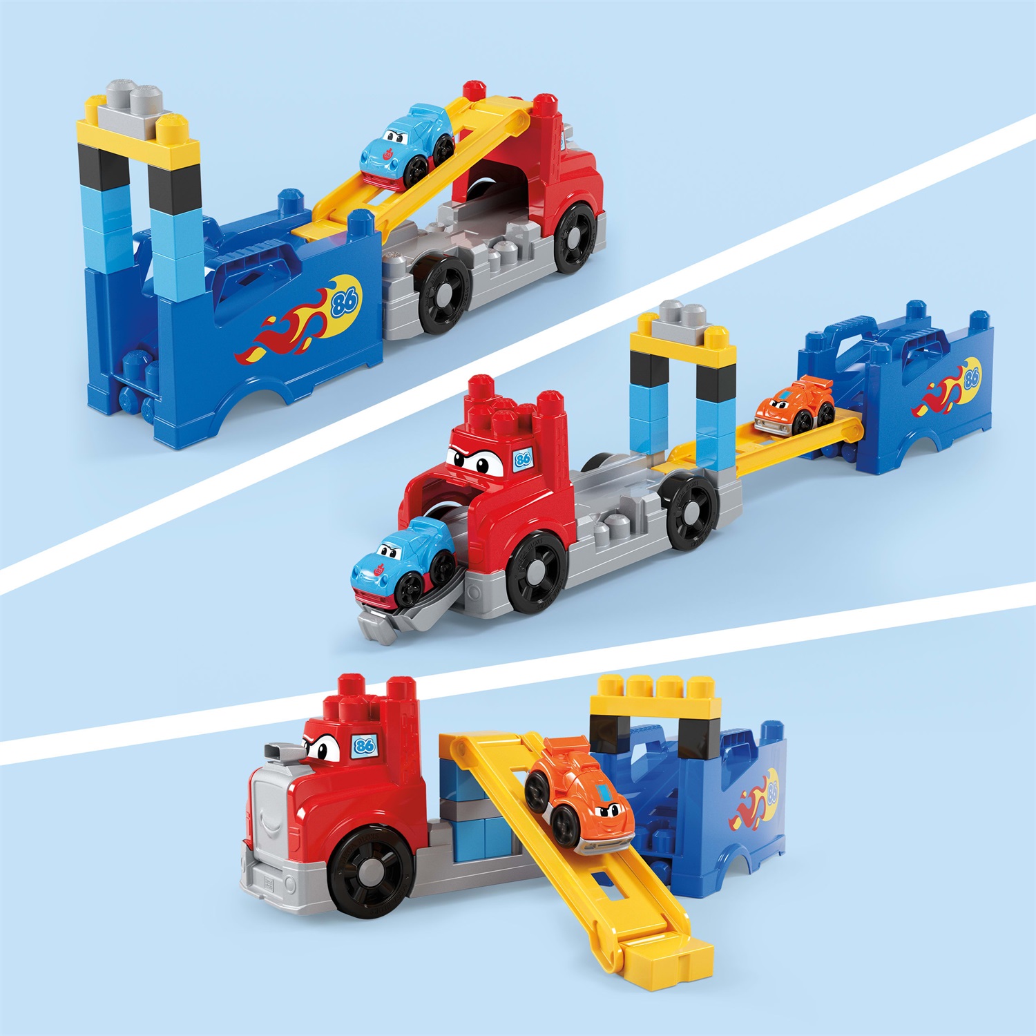 MEGA Bloks Autotreno Monta e Sfreccia - Set di costruzione con 19 blocchi, 2 macchinine da corsa e custodia, per bambini 1 anni