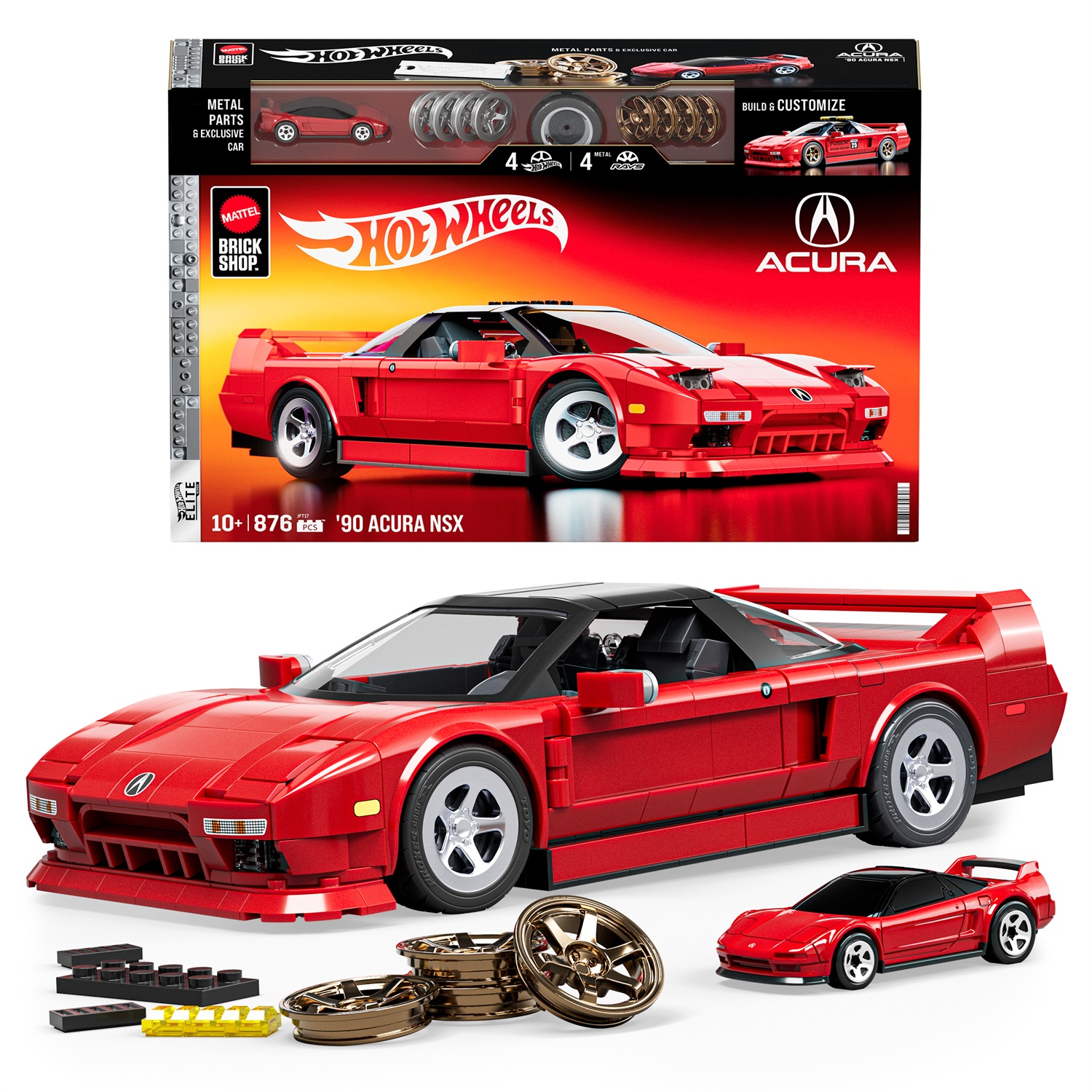Mattel Hot Wheels - '90 Acura NSX Serie Elite, set di costruzione 1:16 con 876 pezzi, dettagli realistici e adesivi per personalizzazione, età 10