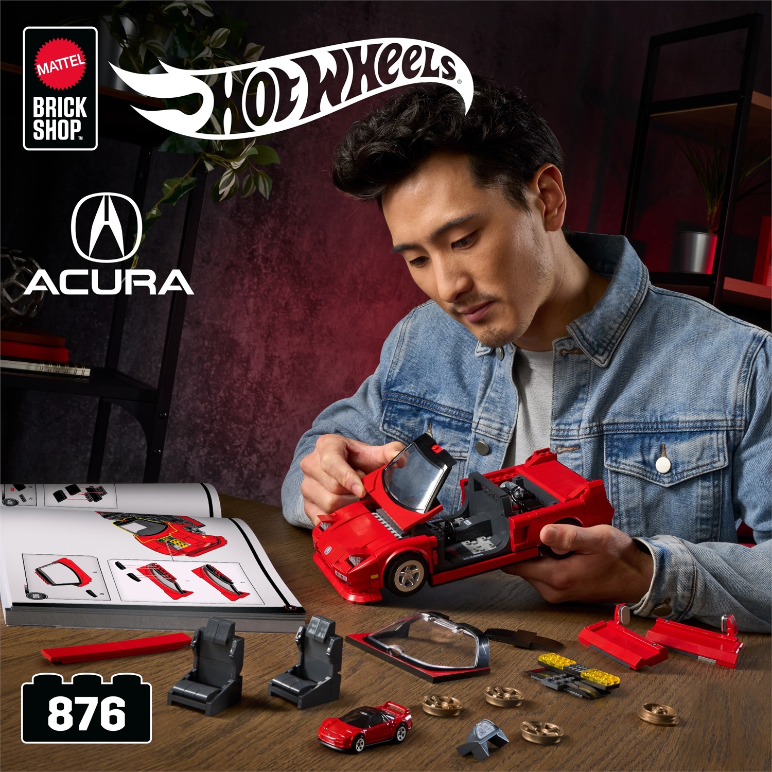 Mattel Hot Wheels - '90 Acura NSX Serie Elite, set di costruzione 1:16 con 876 pezzi, dettagli realistici e adesivi per personalizzazione, età 10