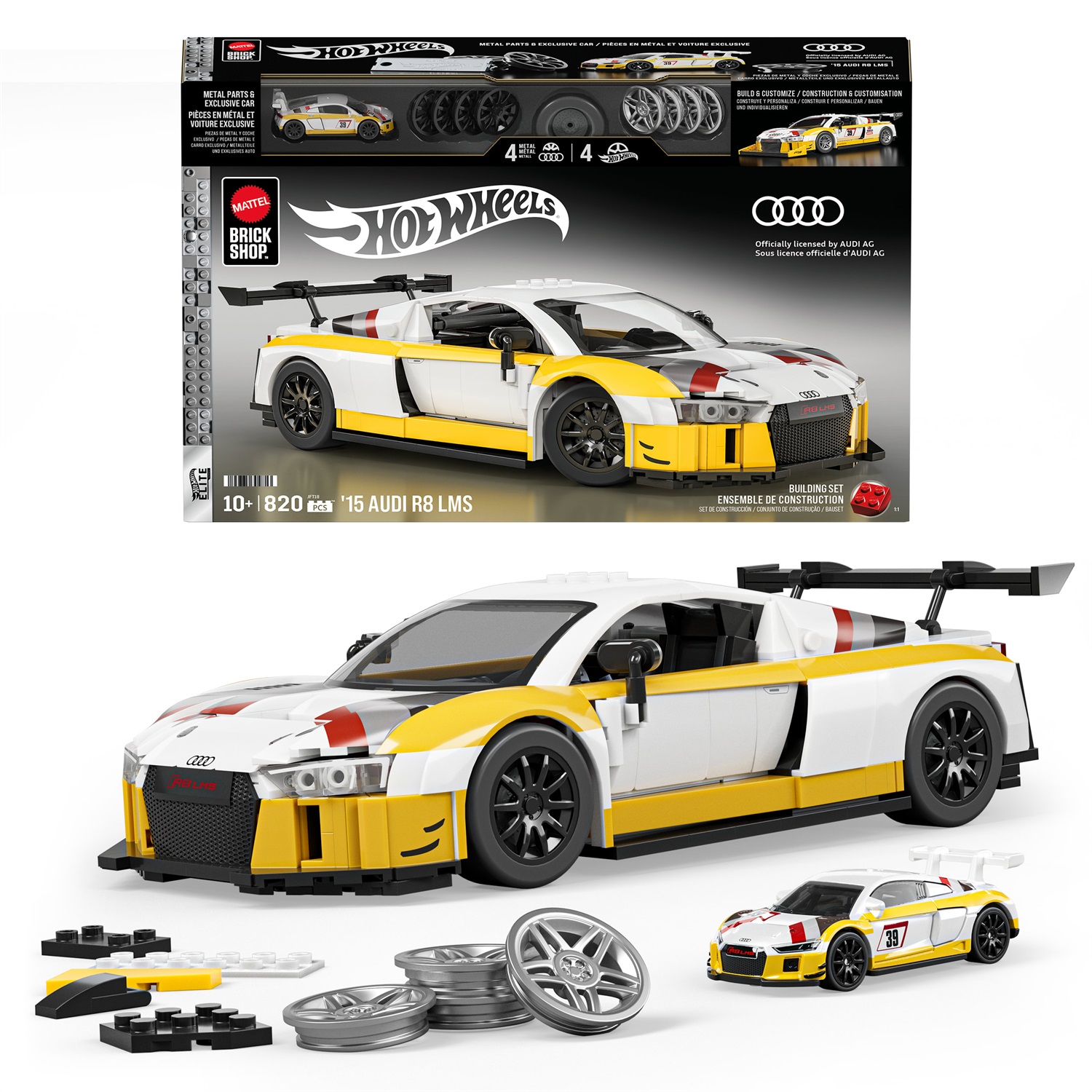 Mattel Brick Shop - '15 Audi R8 LMS Serie Elite, set da costruire con 820 pezzi, dettagli realistici e adesivi per personalizzare, 10 anni