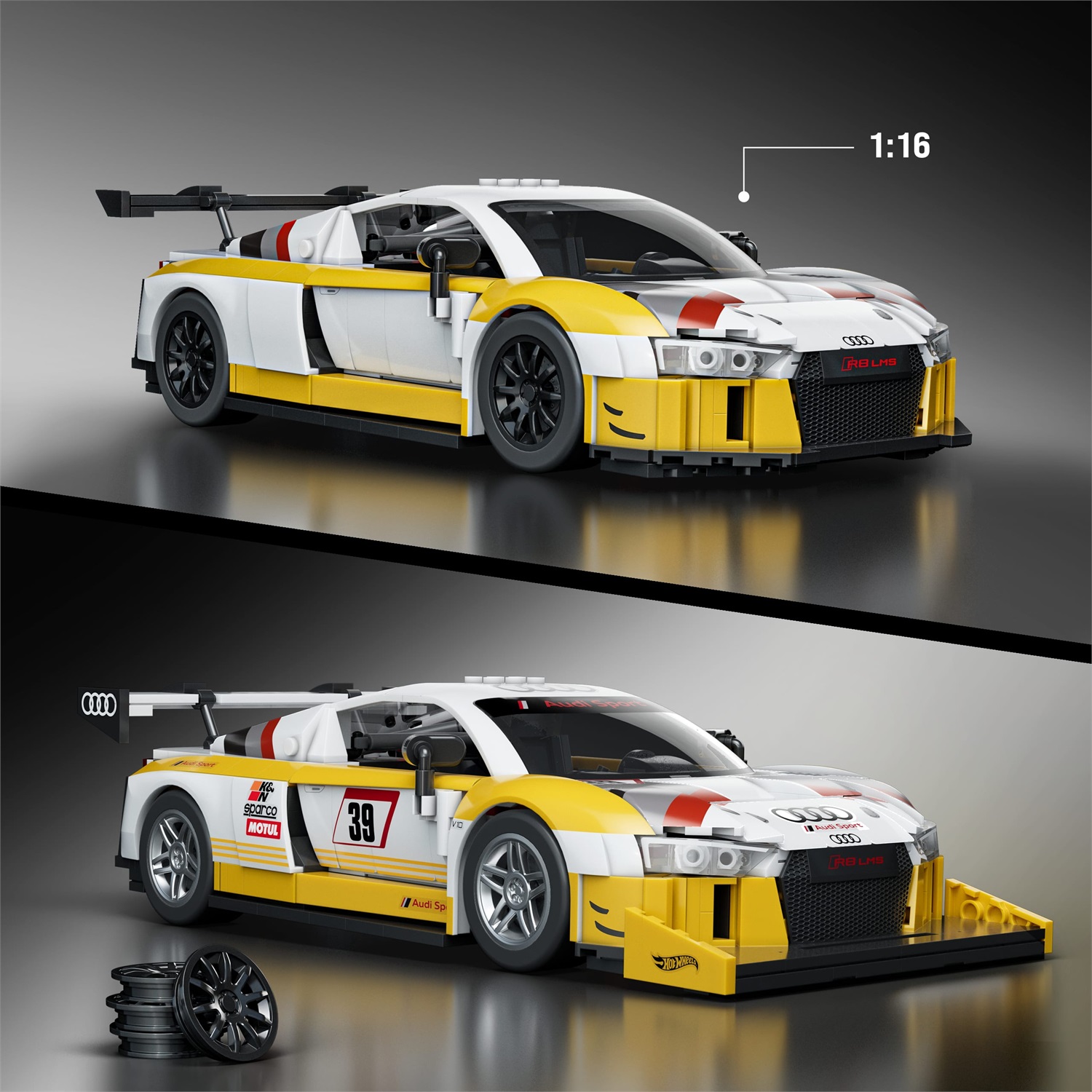 Mattel Brick Shop - '15 Audi R8 LMS Serie Elite, set da costruire con 820 pezzi, dettagli realistici e adesivi per personalizzare, 10 anni