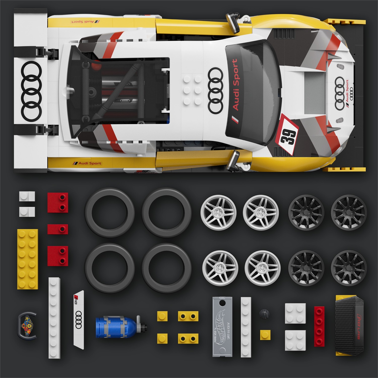 Mattel Brick Shop - '15 Audi R8 LMS Serie Elite, set da costruire con 820 pezzi, dettagli realistici e adesivi per personalizzare, 10 anni